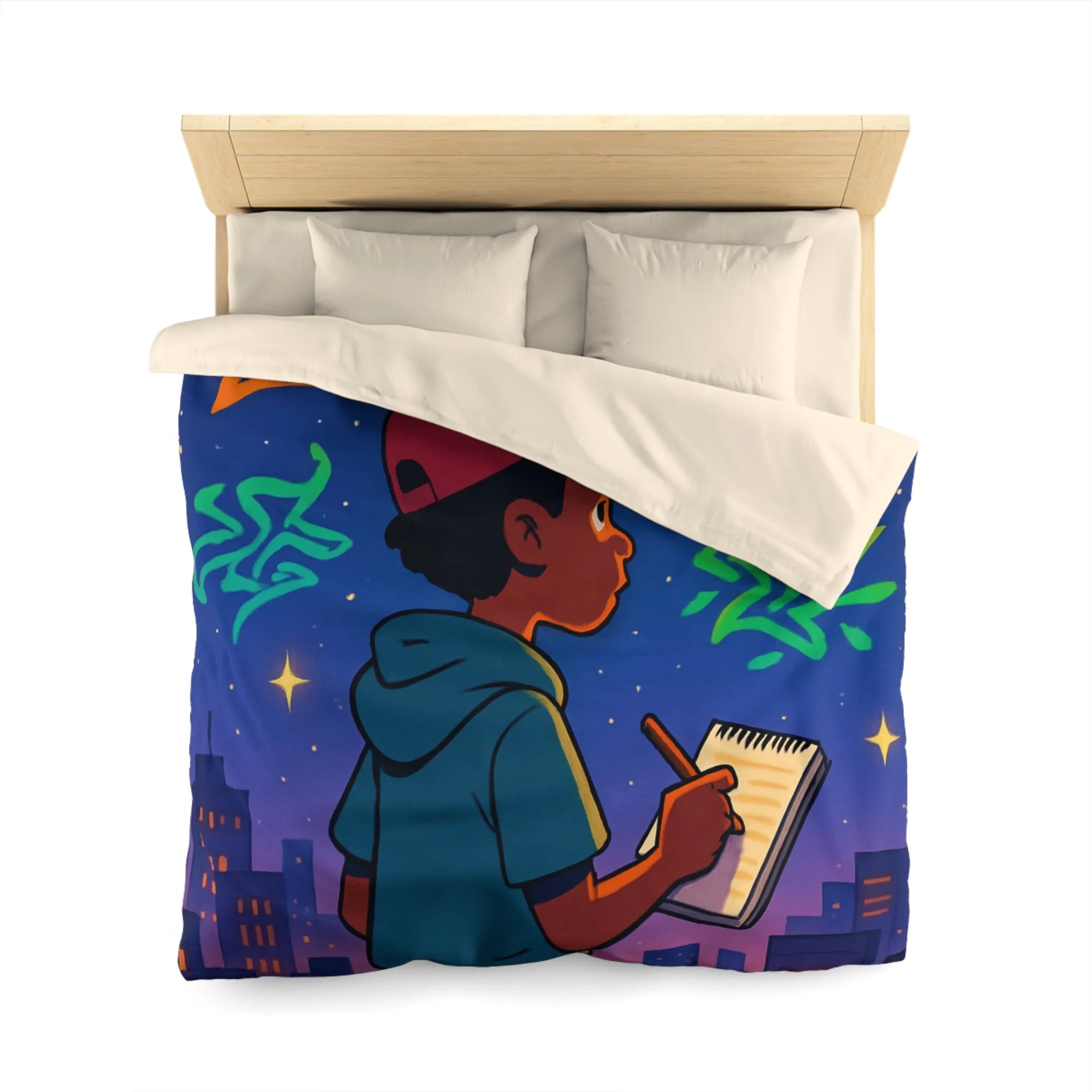 Housse de couette avec jeune artiste dessinant sous un ciel étoilé urbain coloré