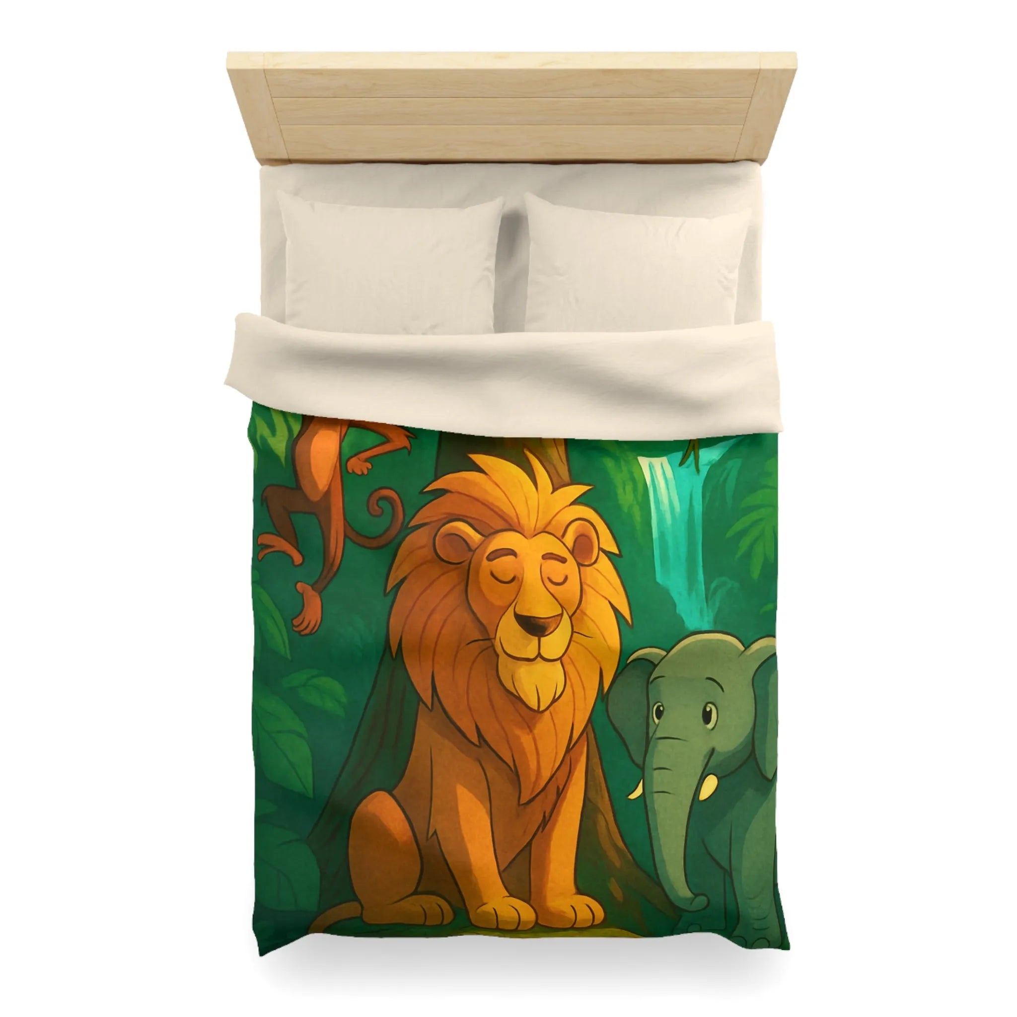 Housse de Couette Jungle Enchantée avec Lion, Singe, Éléphant et Chute d’Eau Magique