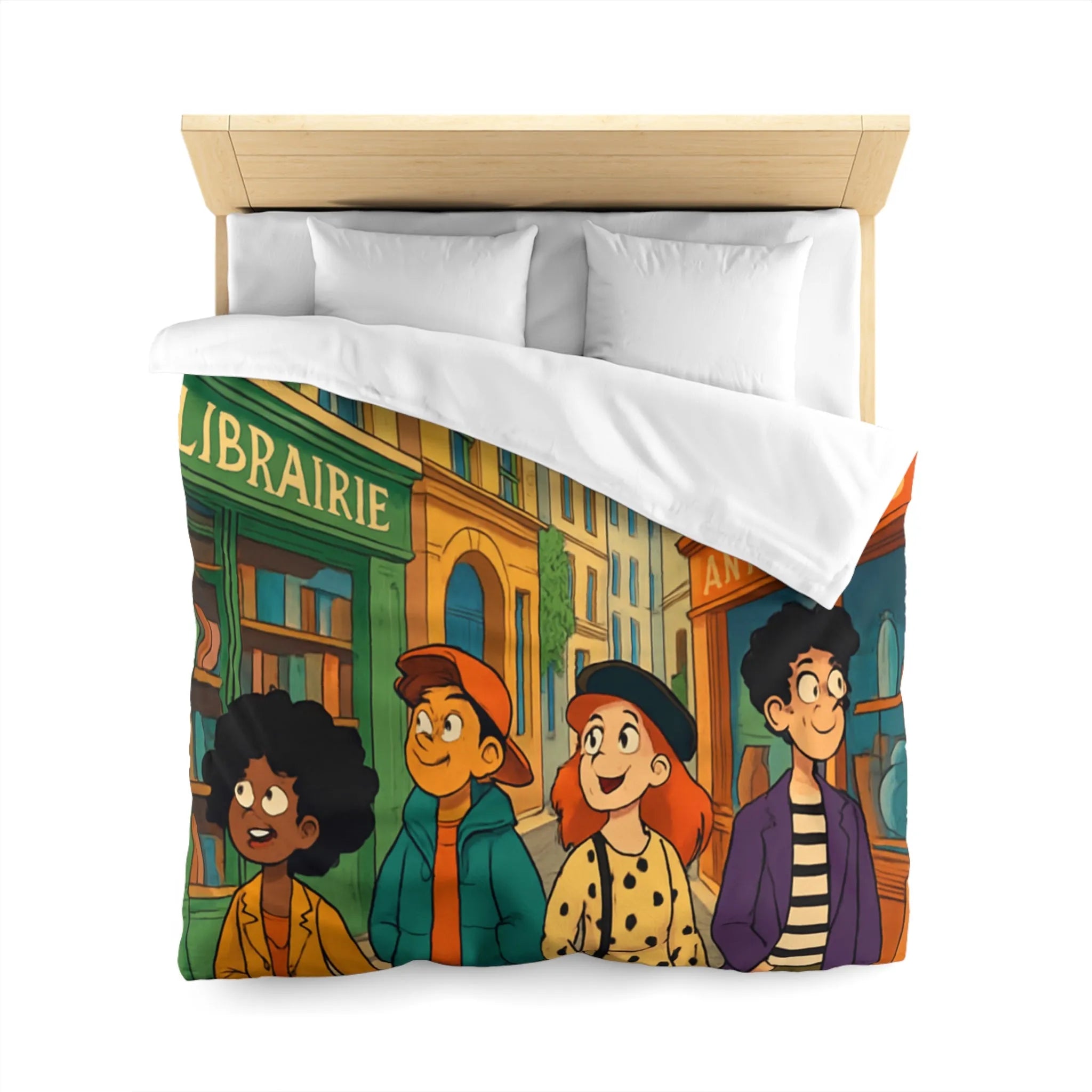Housse de couette élégante avec design de rue parisienne animée et jeunes explorateurs