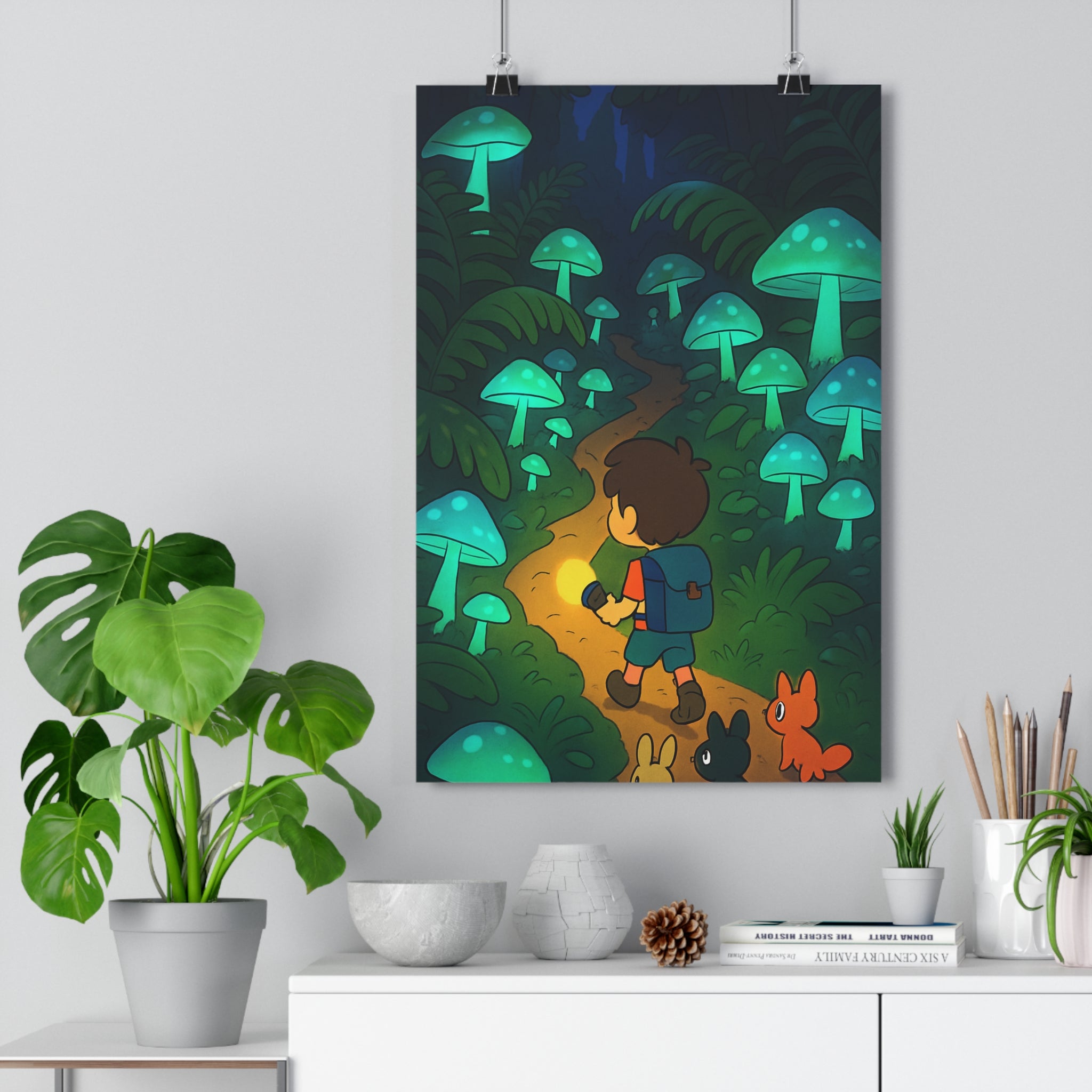 Poster décoratif cartoon forêt mystérieuse bleu vert aventure magique enfant chambre lumineux exploration qualité