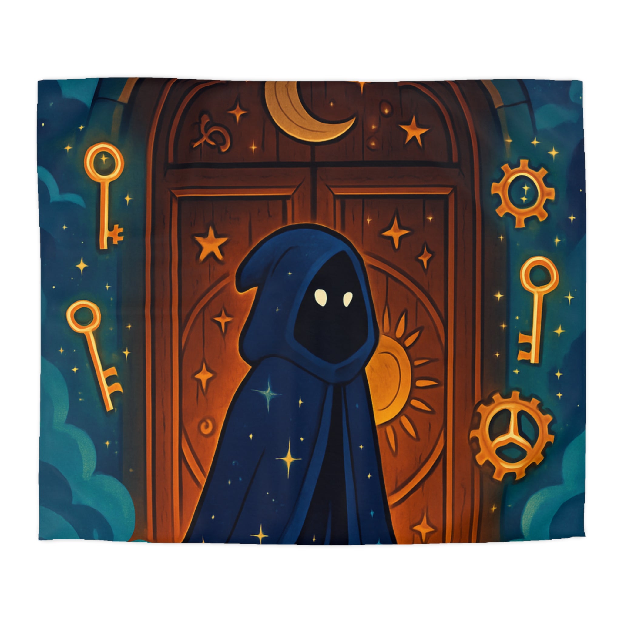 Housse de couette mystique avec capuche étoilée, porte magique et clés dorées