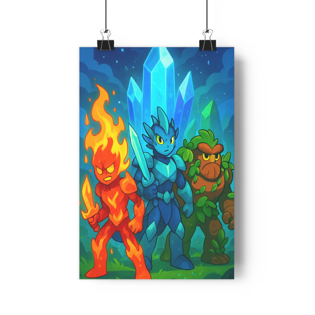 Poster décoratif cartoon mystique aventurier chambre enfant bleu vibrant cristal lumineux style fantastique qualité
