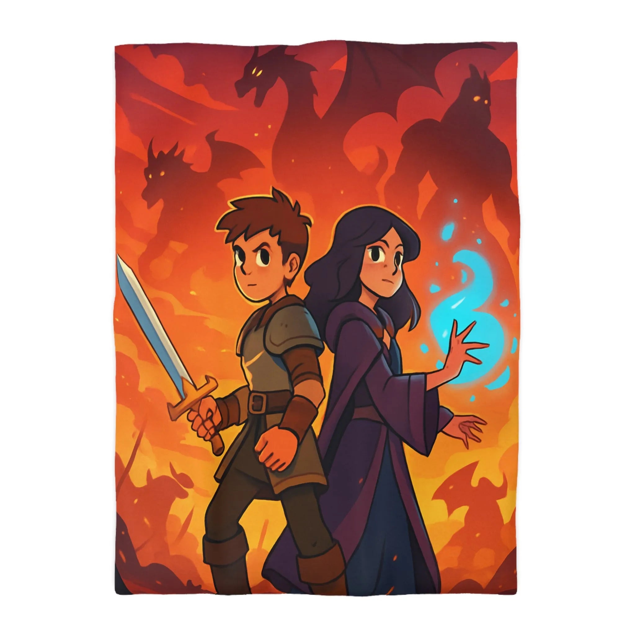 Housse de couette épique, jeunes aventuriers et dragons incandescents en fantaisie captivante