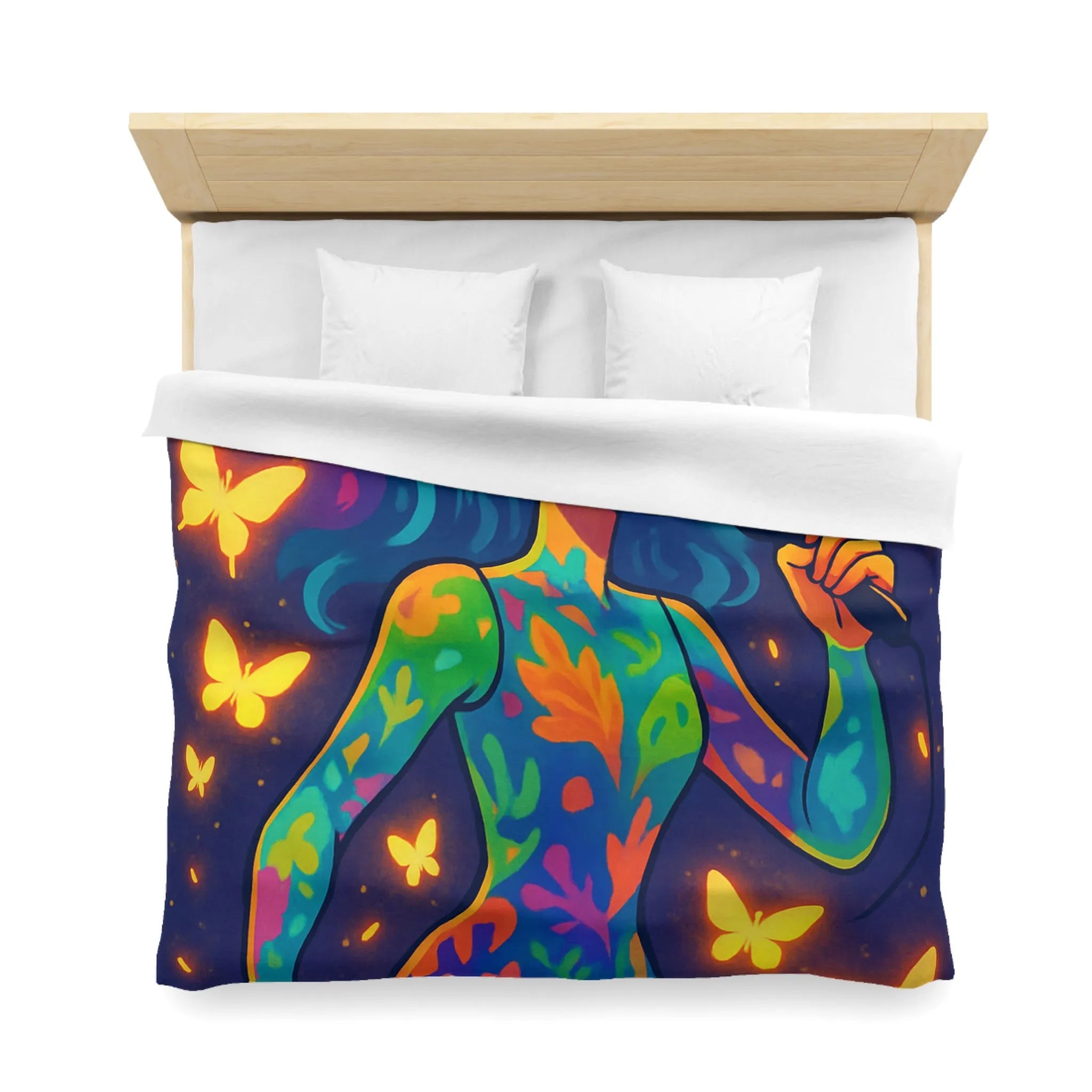 Housse de Couette Colorée : Artiste Chantant Entourée de Papillons Lumineux et Vibrants