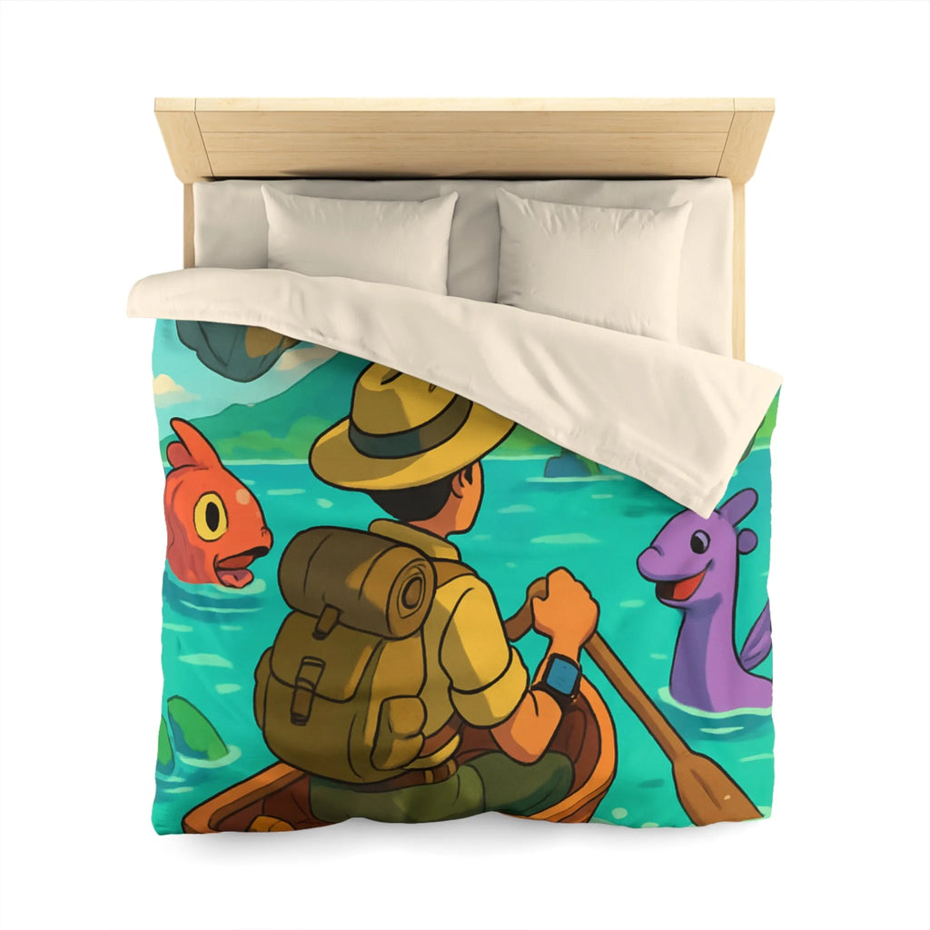Housse de couette île volcanique exotique avec aventurier et créatures marines colorées