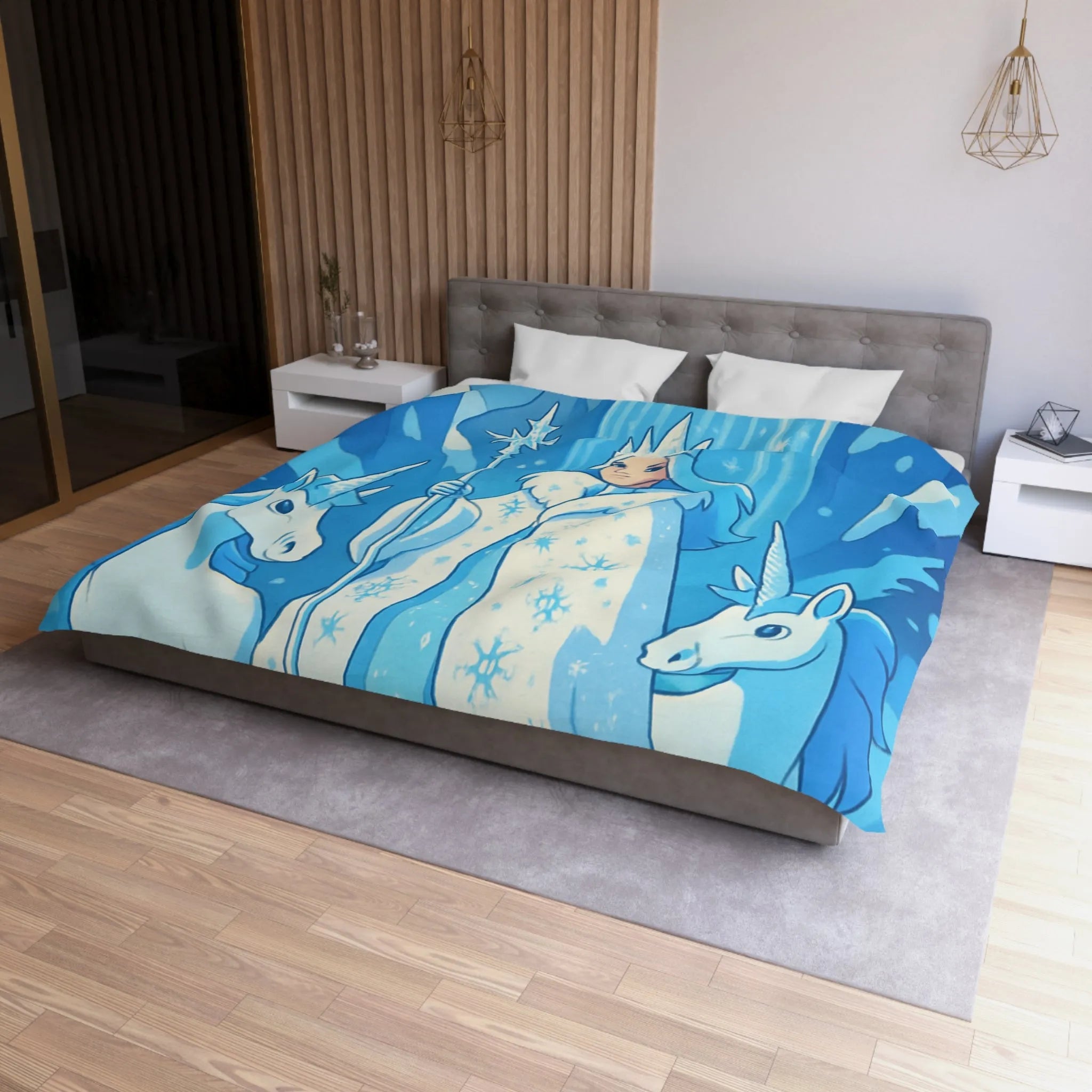 Housse de couette féerique avec reine des neiges, licornes et cascade magique