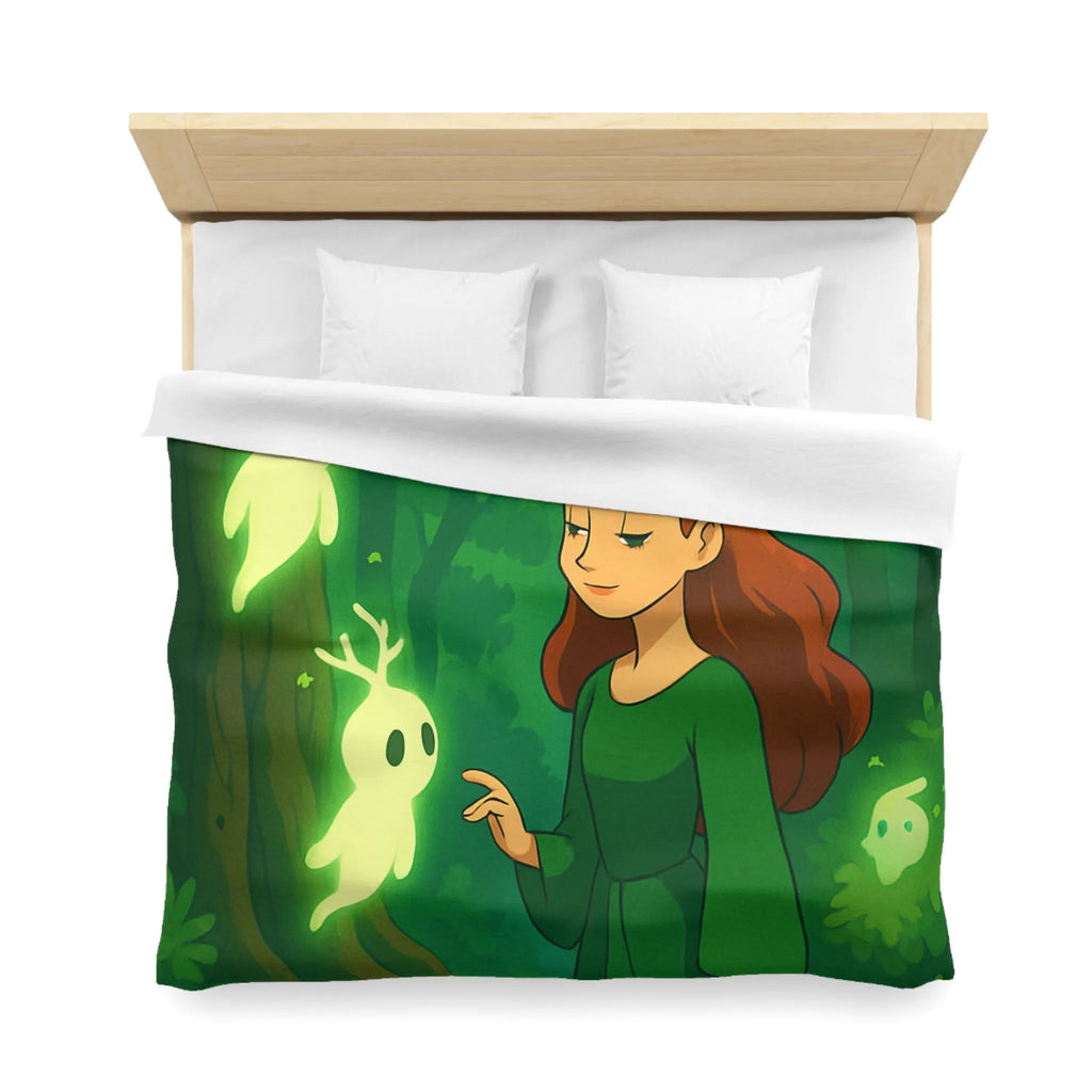 Housse de couette enchantée avec esprits lumineux dans une forêt mystérieuse et verdoyante