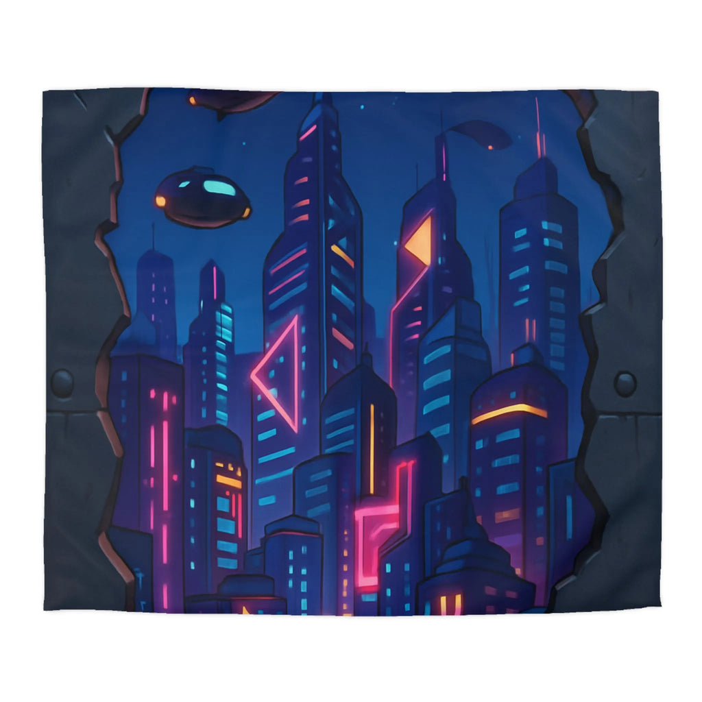 Housse de couette futuriste avec ville néon et vaisseaux spatiaux illuminés