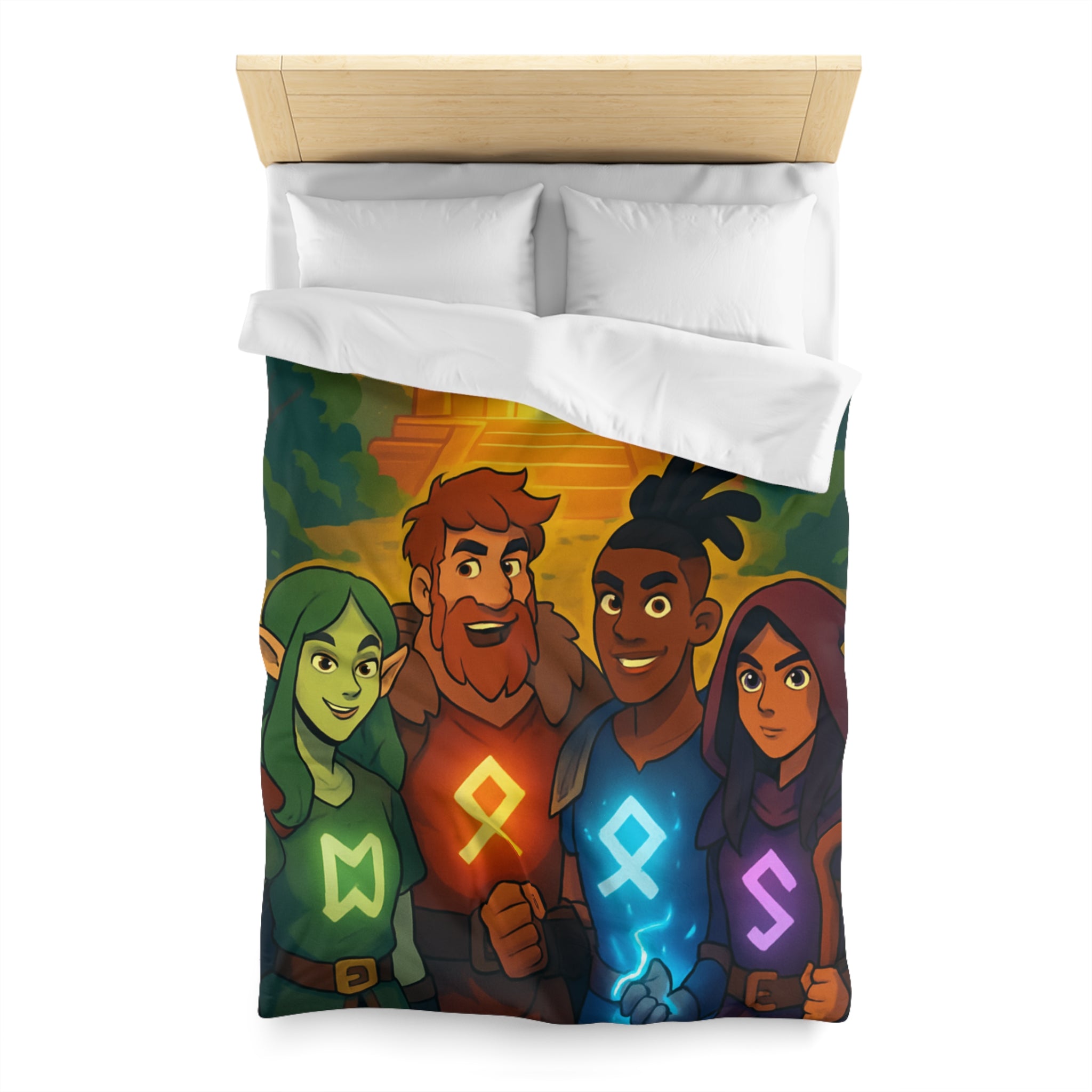 Housse de couette vibrant avec aventure illustrée de quatre héros devant un ancien temple