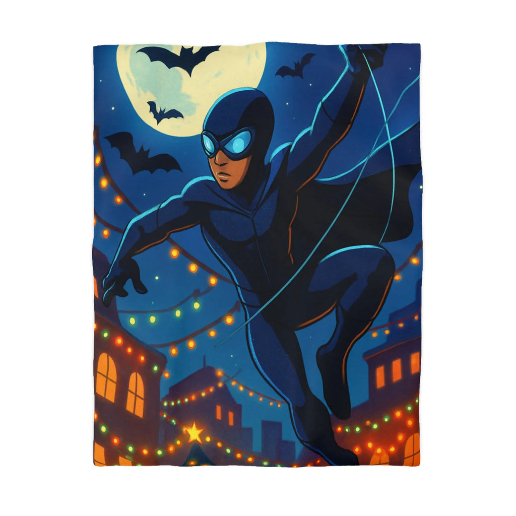 Housse de couette avec héros nocturne, ciel étoilé et décorations festives lumineuses