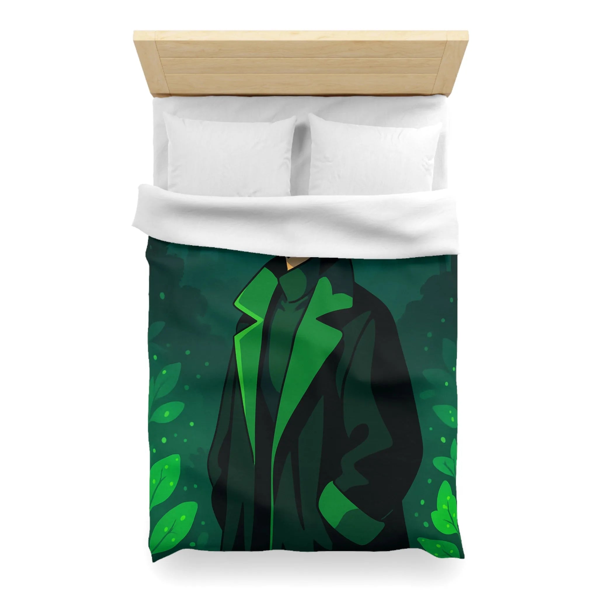 Housse de couette forêt graphique avec personnage mystérieux et nuances vertes élégantes