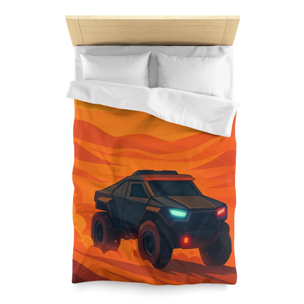 Housse de couette avec design de voiture tout-terrain dans désert orange au coucher du soleil