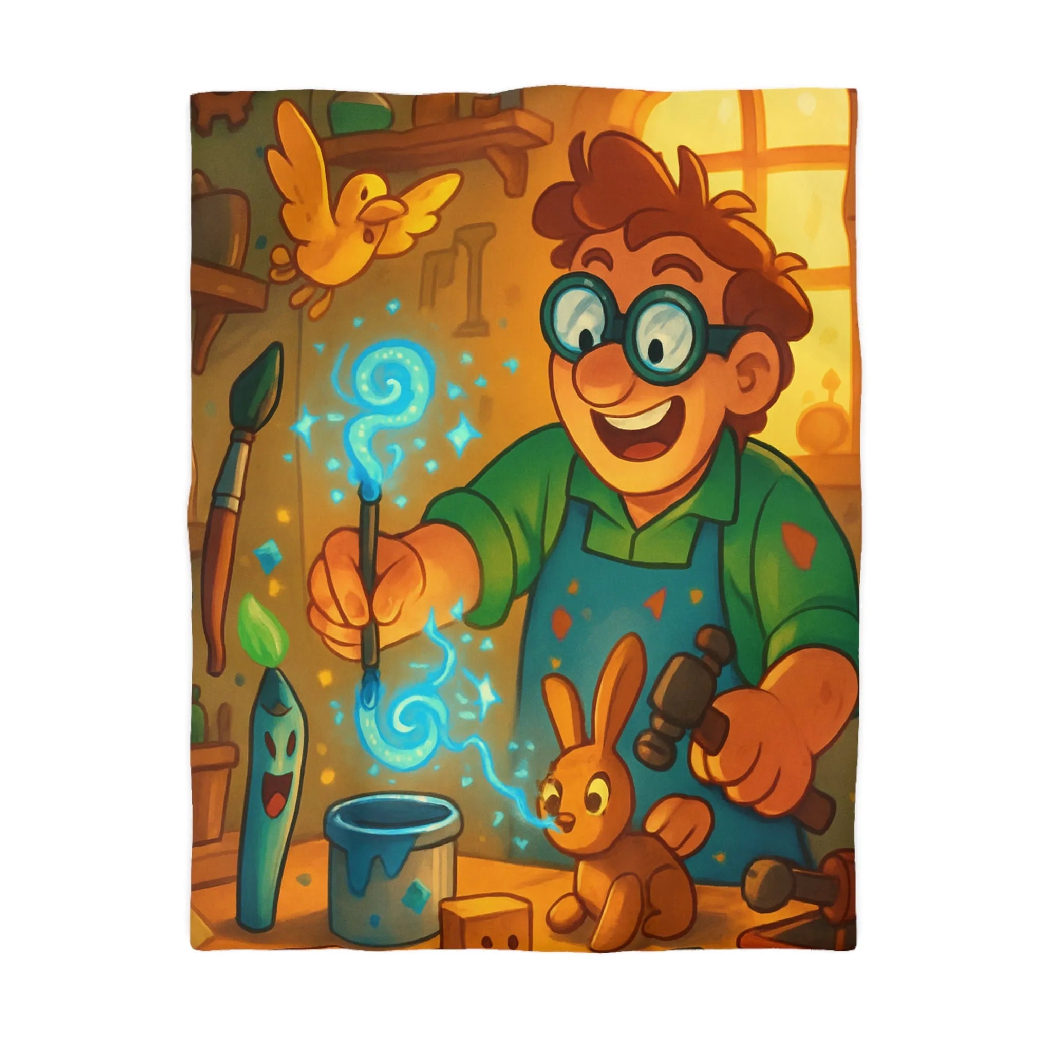 Artisan heureux sculpte figurines magiques dans atelier en bois lumineux et coloré