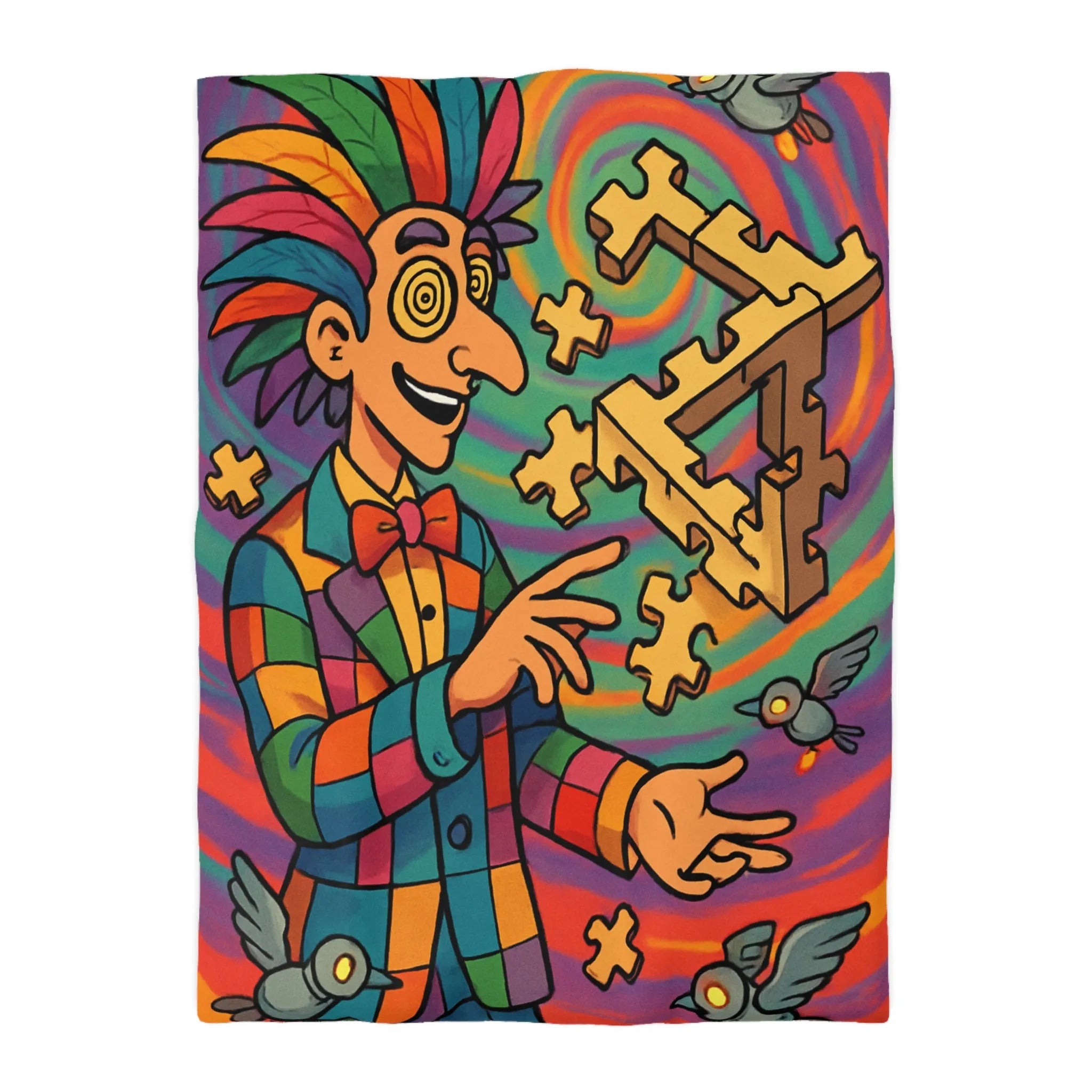 Housse de couette colorée avec illusion d'optique géométrique et motif de clown vibrant