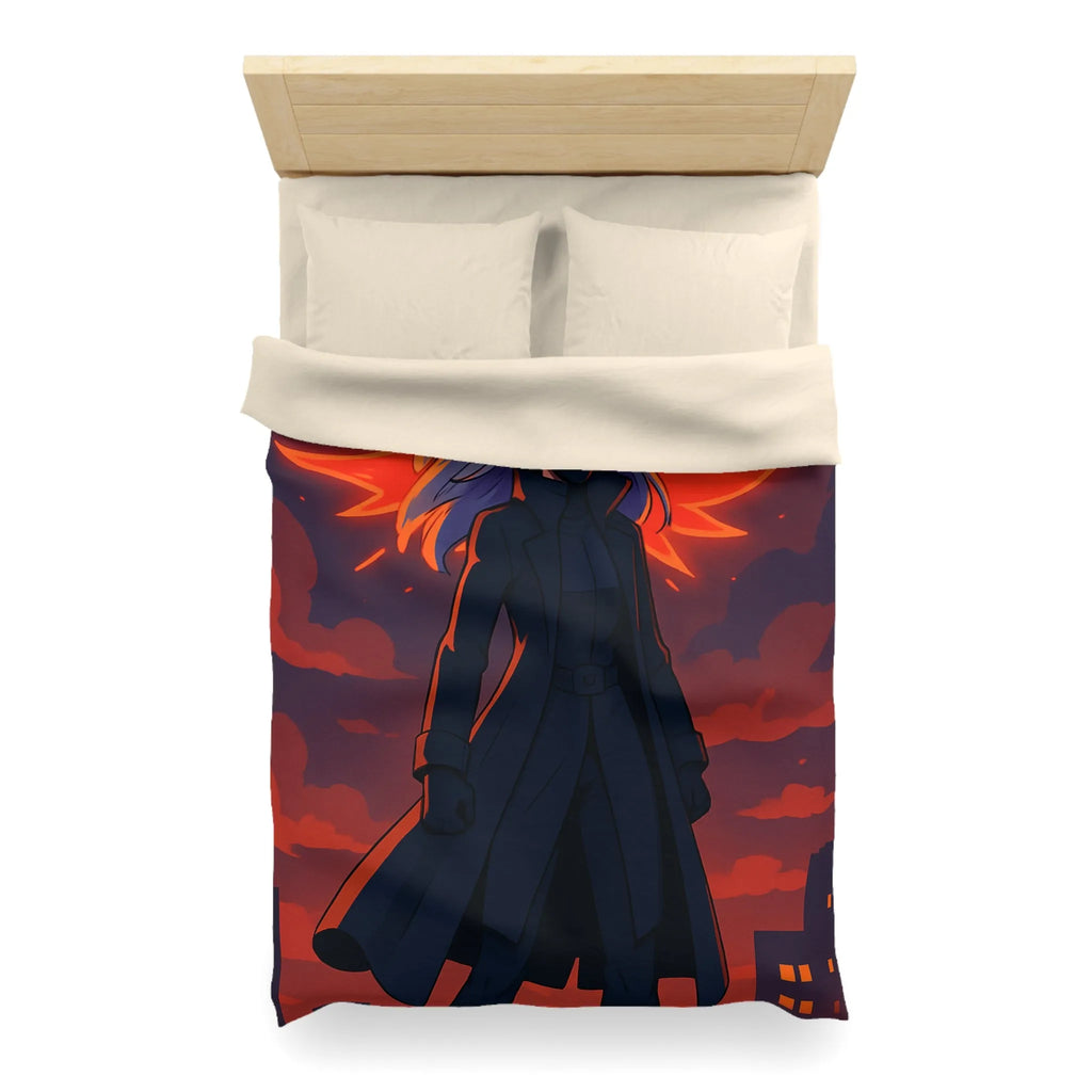 Housse de Couette Gothique avec Figure Angélique Ailée et Ville Enflammée Stylisée