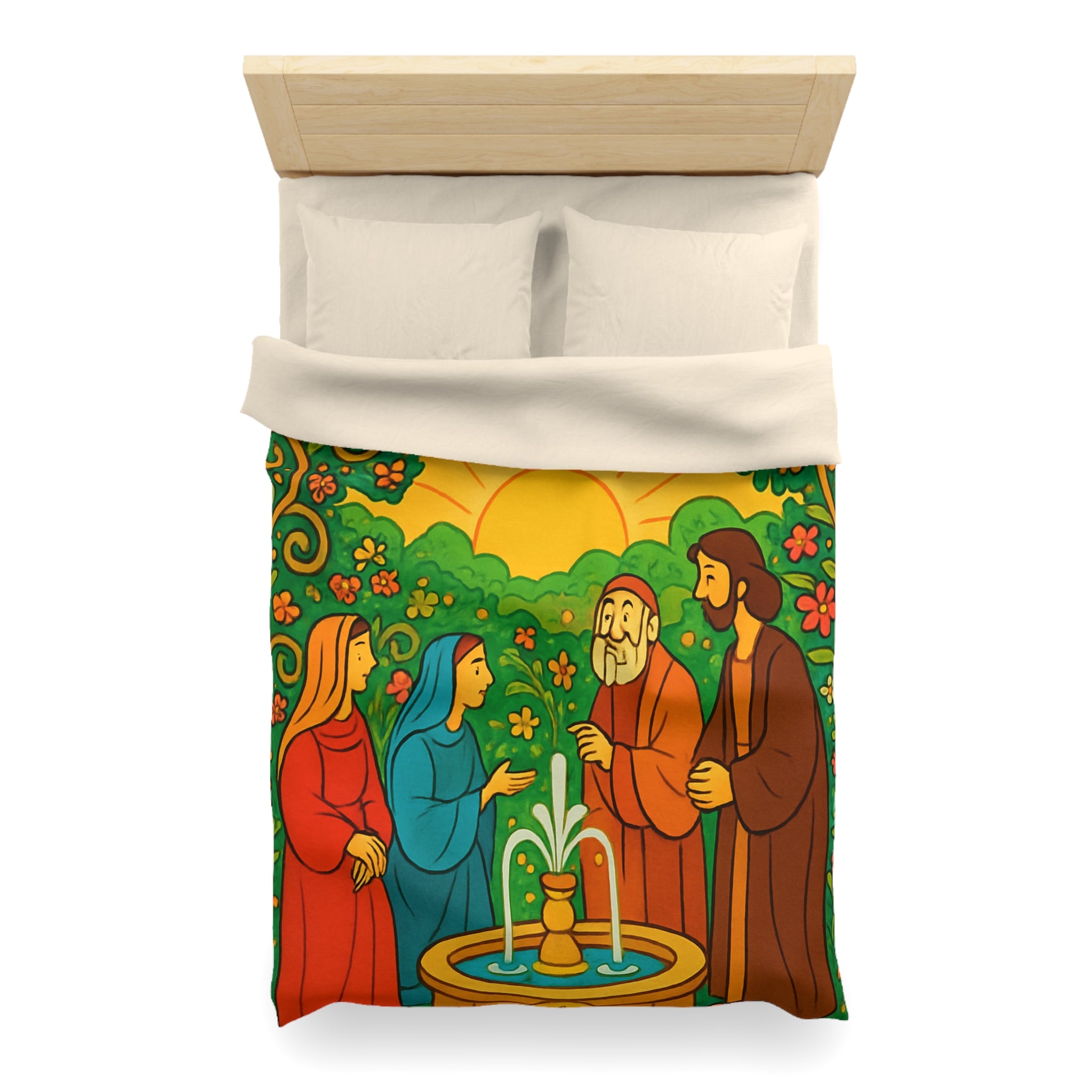Housse de couette vibrante avec scène florale colorée et figures en discussion harmonieuse