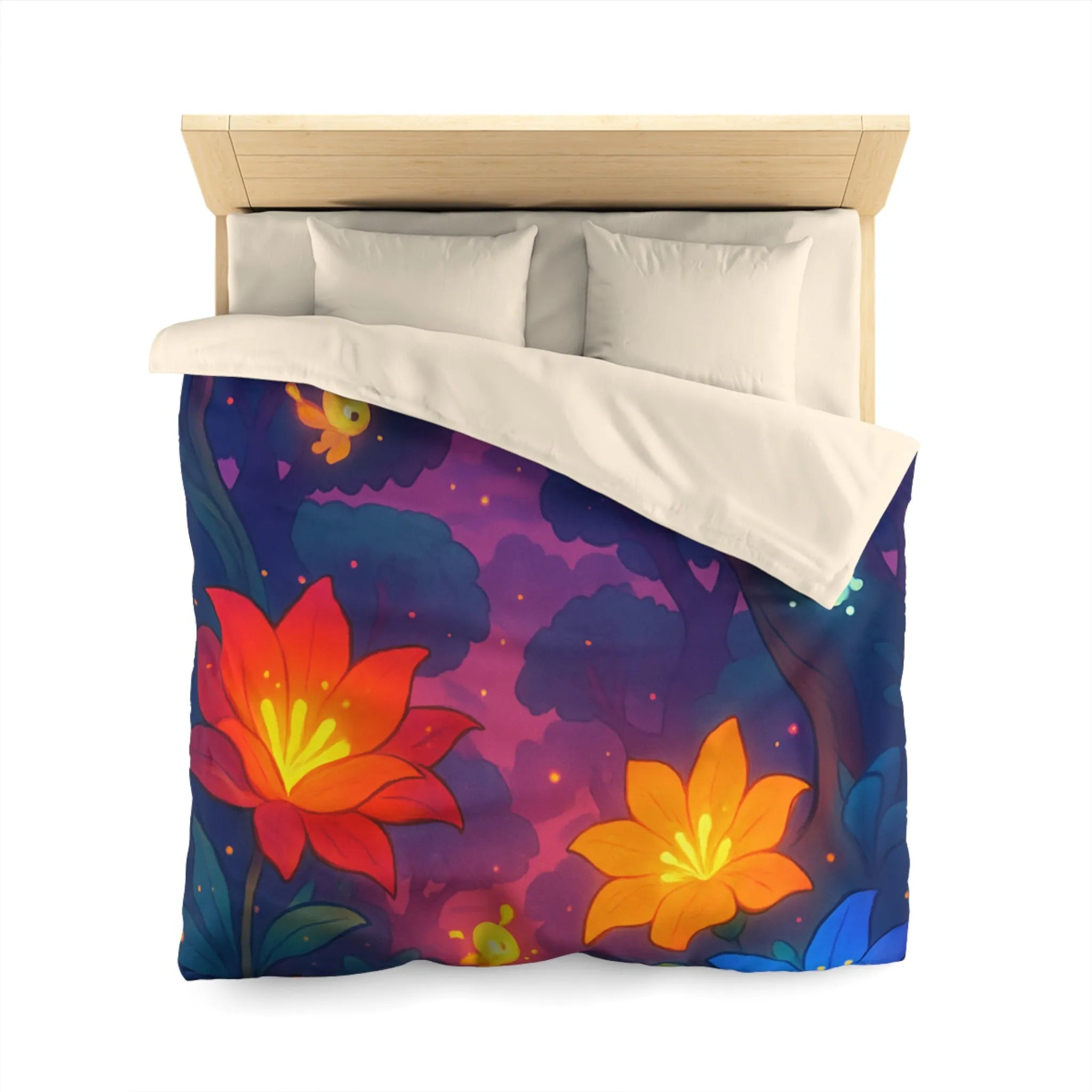 Housse de Couette avec Fleurs Lumineuses et Paysage Enchanté de Forêt Magique Nocturne