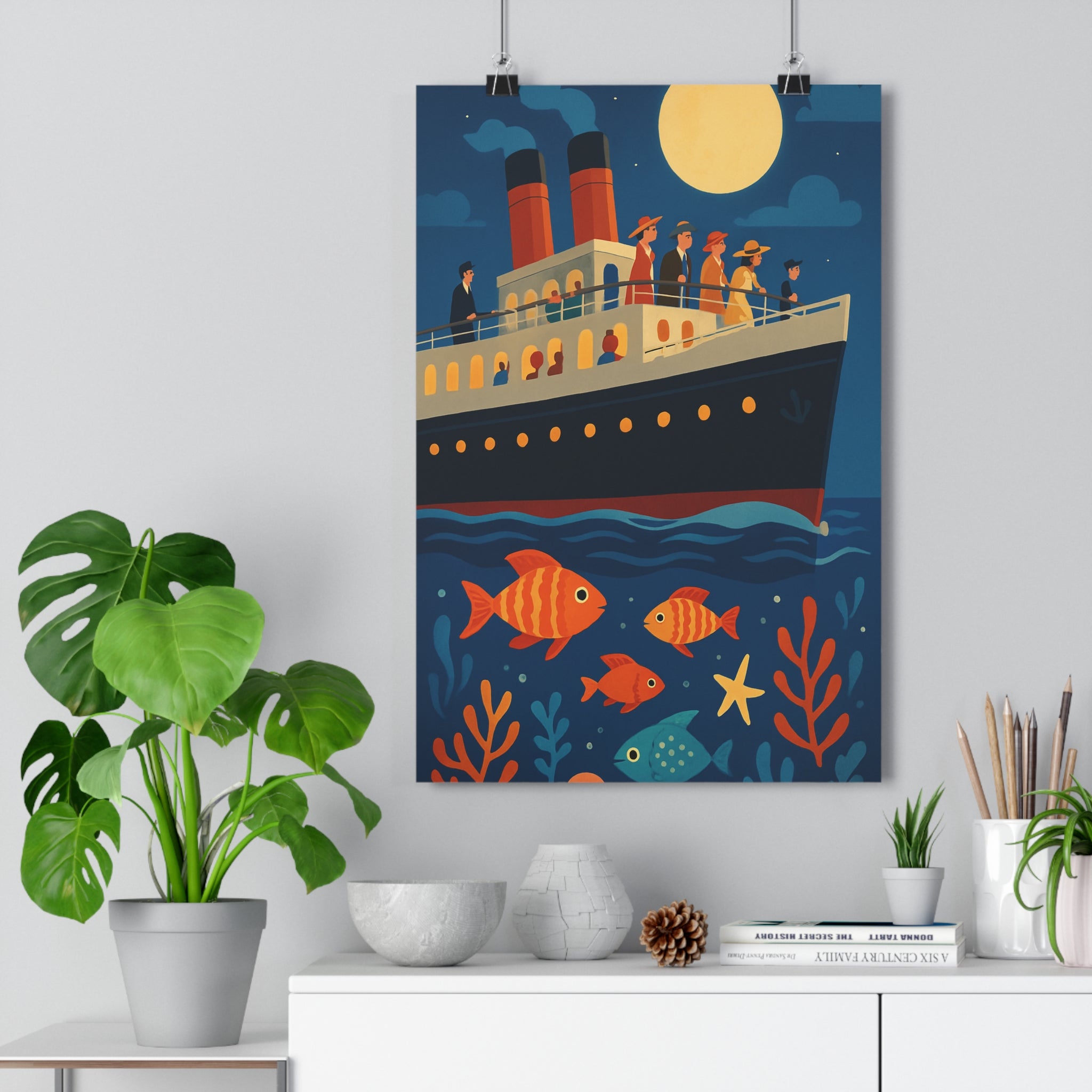 Poster décoratif anime bleu mystérieux fascinant salon navire océan poissons pleine lune contrasté coloré