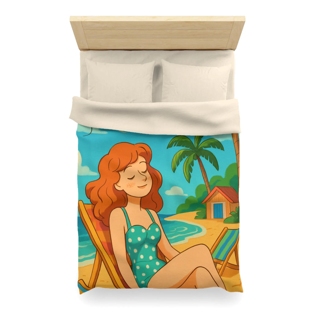 Housse de couette illustrée plage relaxante avec fille et cerf-volant coloré