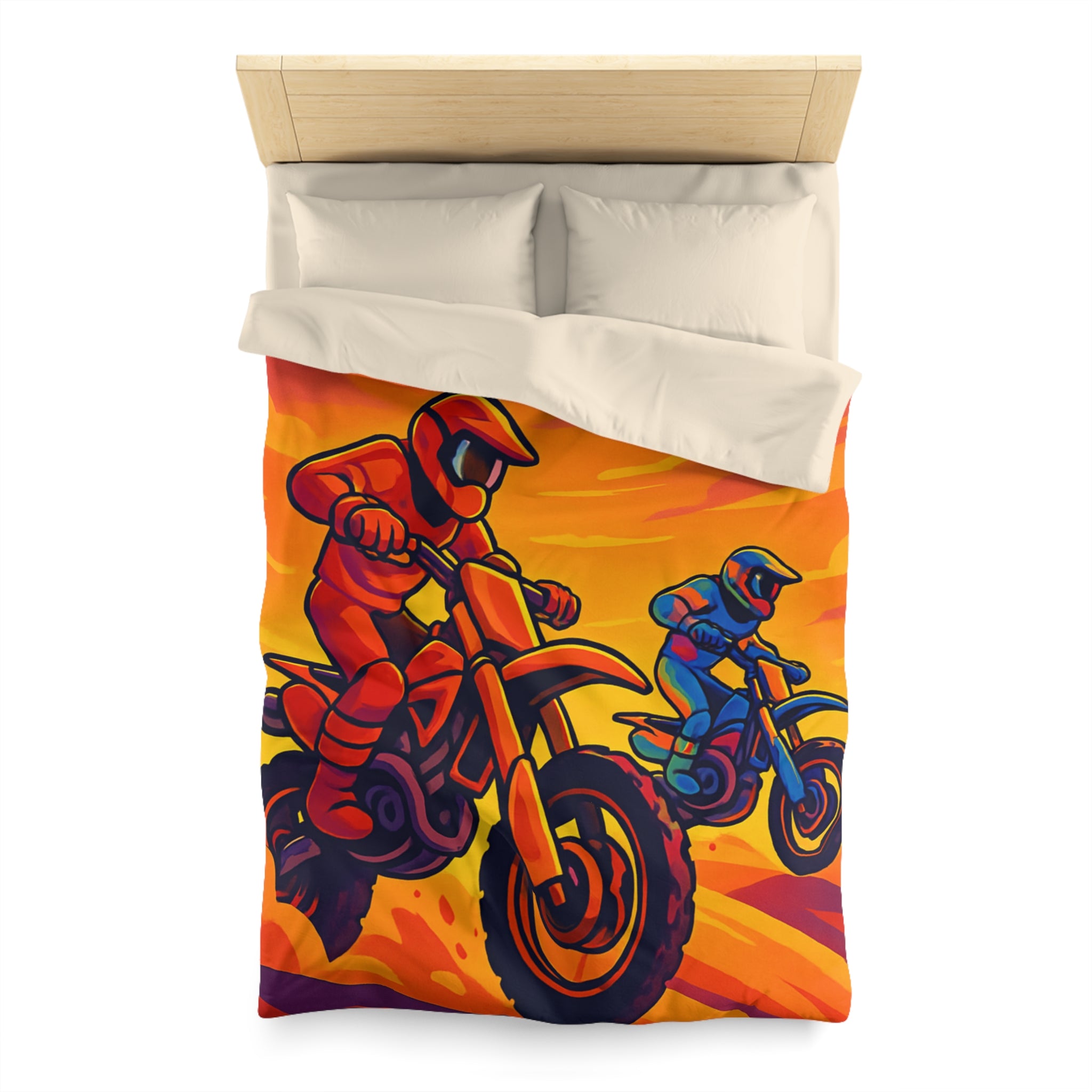 Housse de couette moto aventure: dynamique, couleurs vives, coucher de soleil dramatique