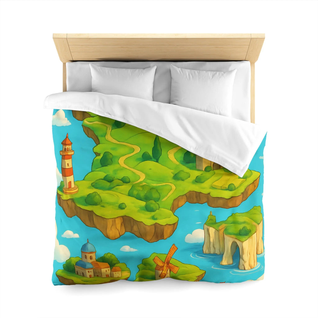 Housse de Couette Fantaisie Île Flottante Paysage Coloré Mer Moulins et Phare