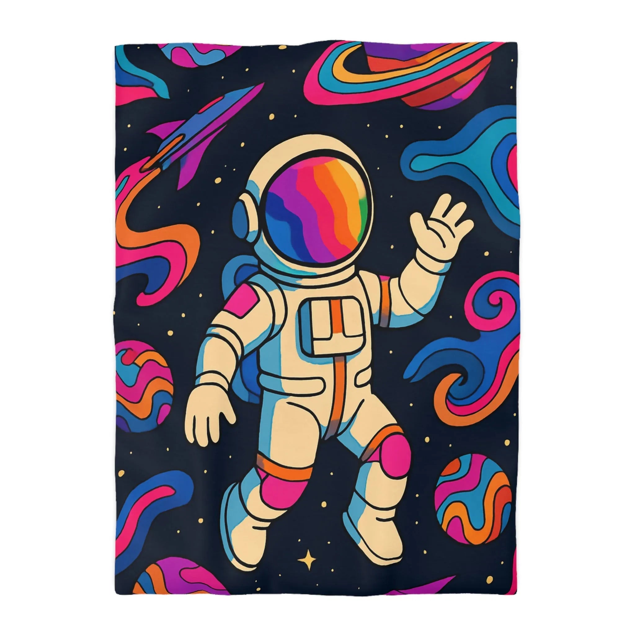 Housse de Couette Astronaute Psychédélique dans l’Espace avec Planètes Colorées et Fusées