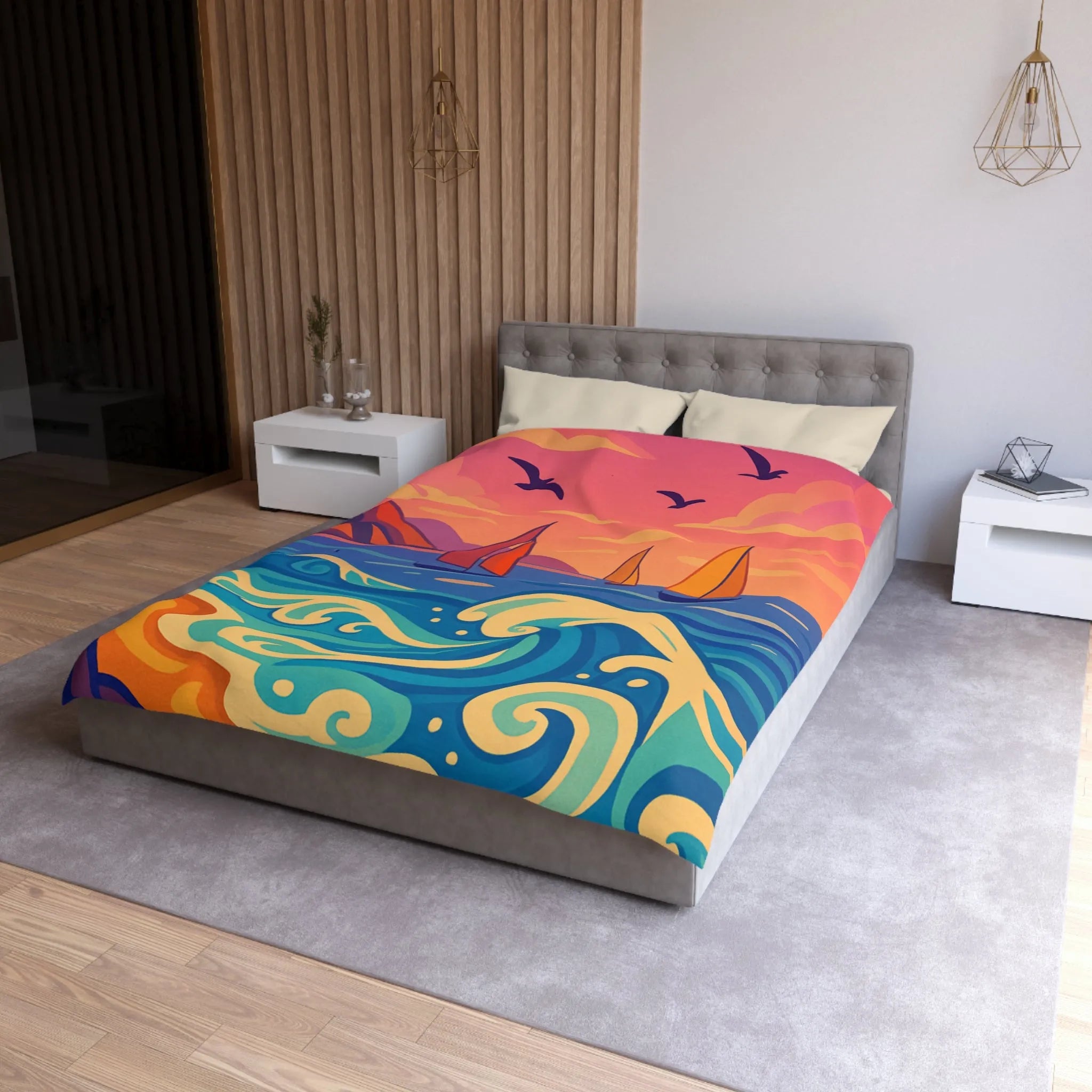 Housse de couette colorée avec paysage marin, voiliers et coucher de soleil vibrant