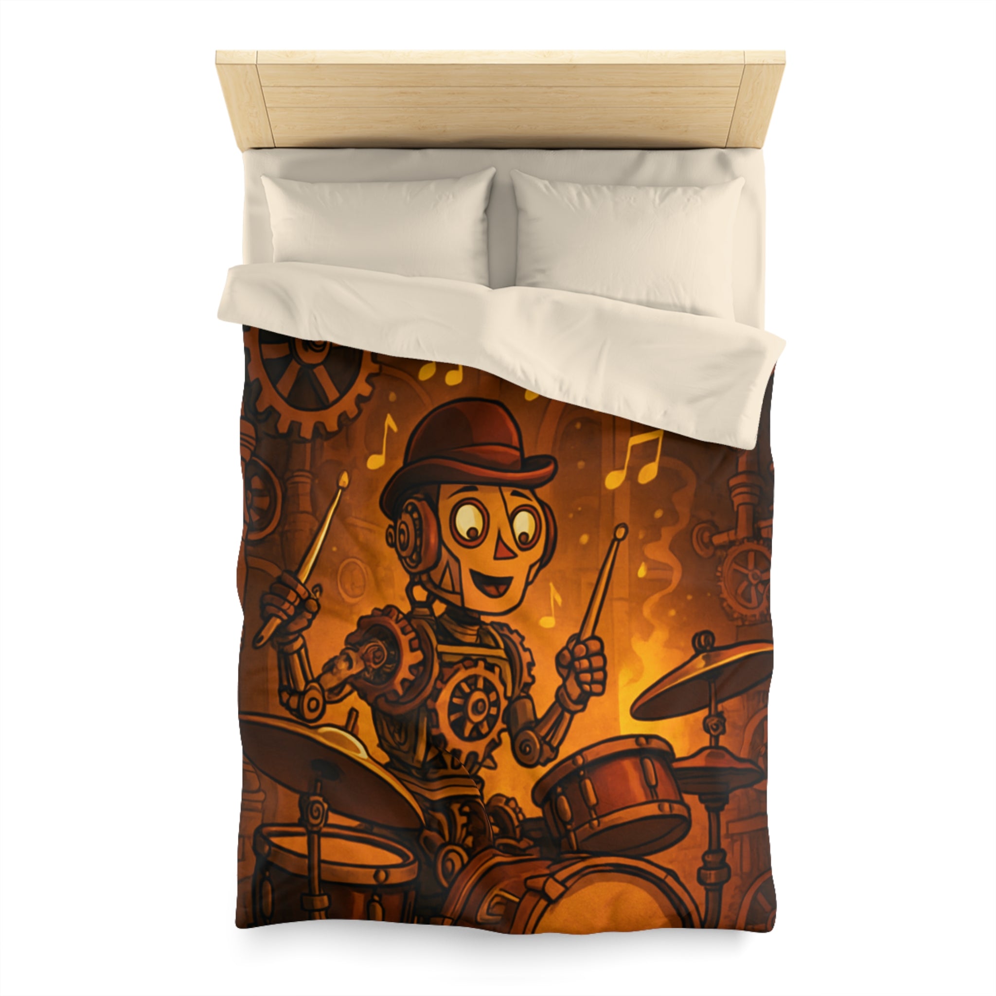 Housse de couette steampunk robot joueur de batterie pour chambre artistique et moderne