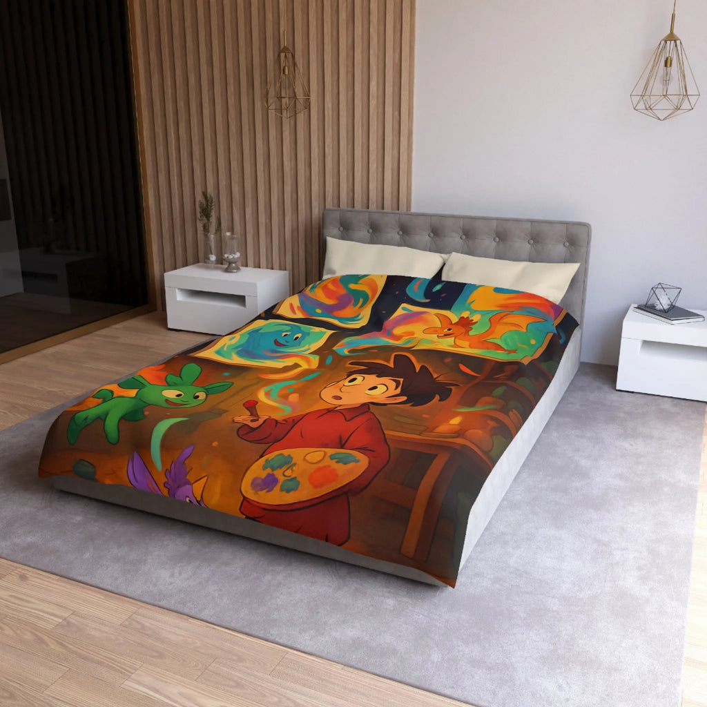 Housse de couette magique illustrant un artiste jeunesse avec créatures fantastiques et peintures lumineuses
