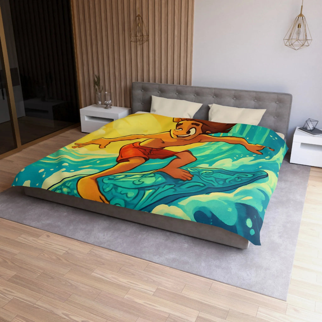 Enfant vibrant surfe sur vague turquoise sous ciel jaune vif artistique et joyeux