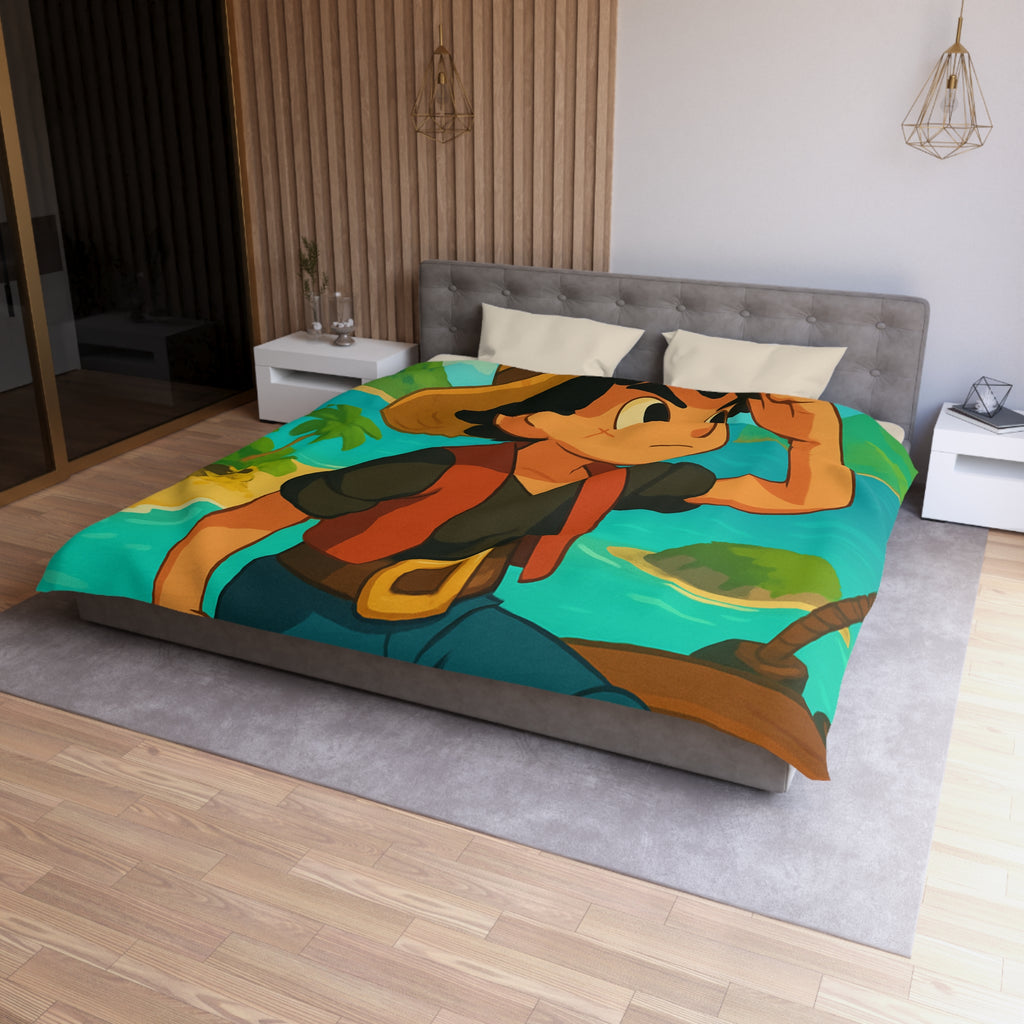 Housse de couette tropicale enfant avec pirate aventurier sur fond d'île paradisiaque