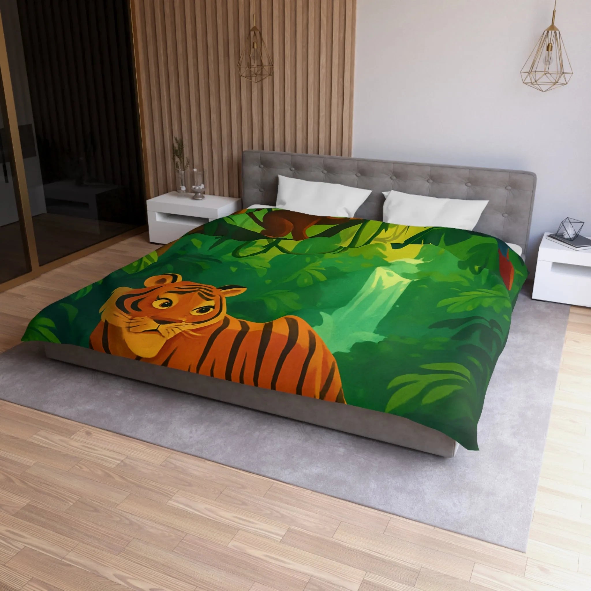 Housse de couette jungle avec tigre, singe et perroquet, cascade en arrière-plan