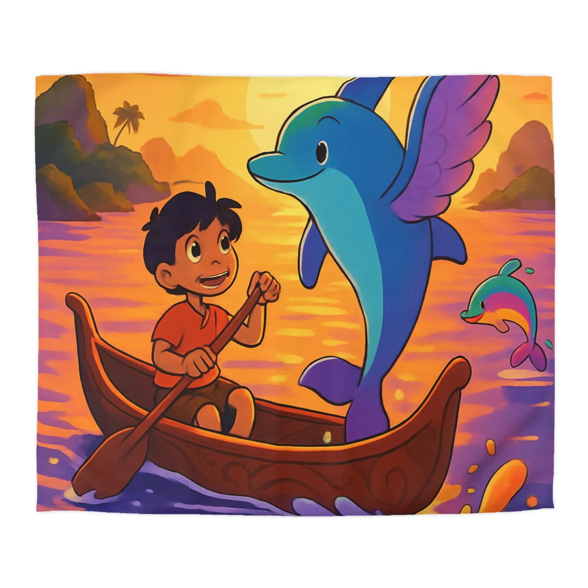 Housse de Couette Enfant : Dauphin Bleu, Aventure en Barque, Coucher de Soleil