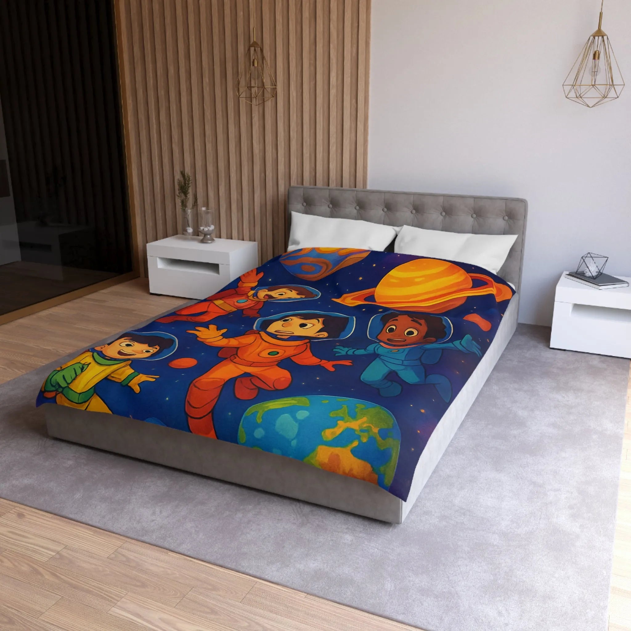 Housse de couette enfants avec astronautes joyeux flottant dans l'espace coloré et planètes