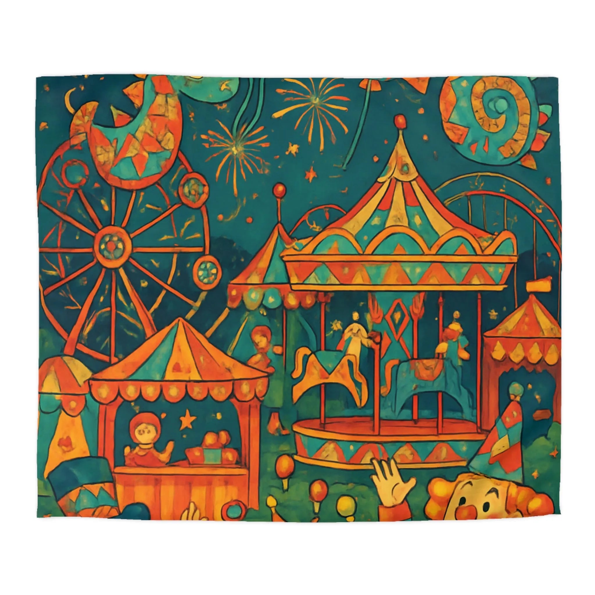 Housse de Couette Enfantine Colorée Fête Foraine avec Manège et Clowns Heureux