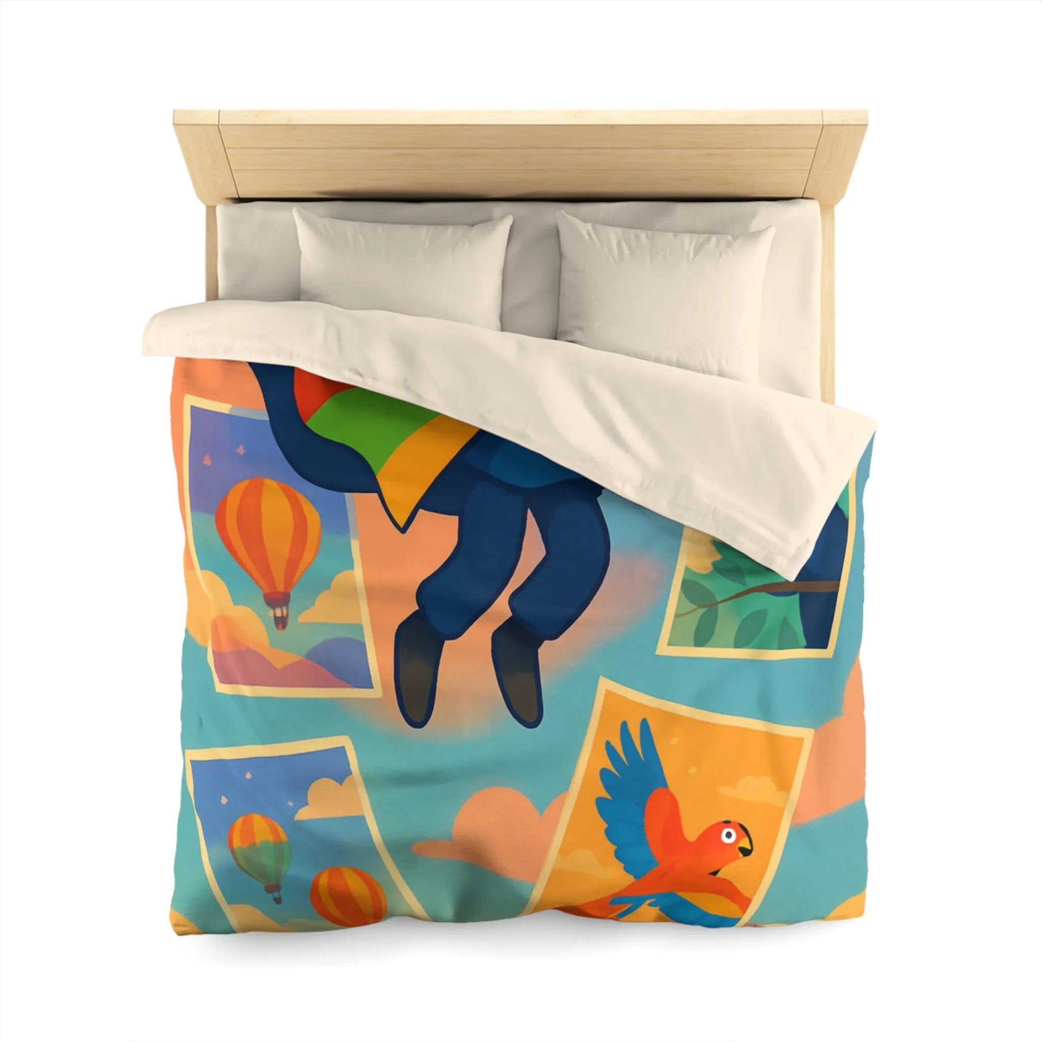 Housse de couette colorée avec motifs d'aventure de montgolfières et oiseaux exotiques