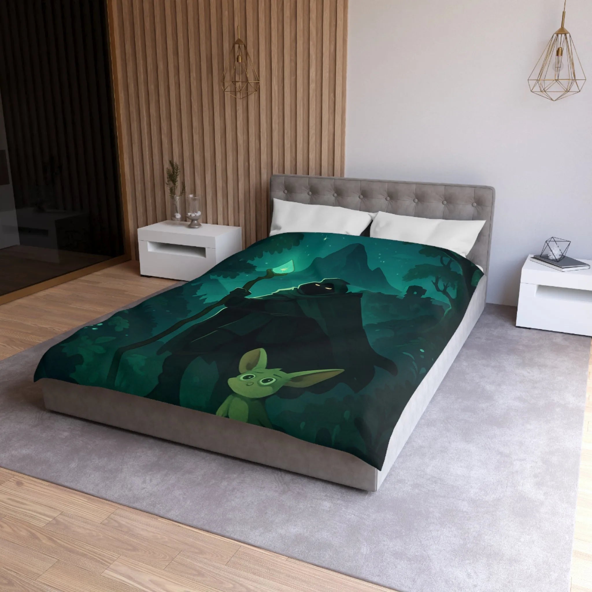 Housse de couette magique avec sorcier nocturne et créature enchantée sous lune étoilée