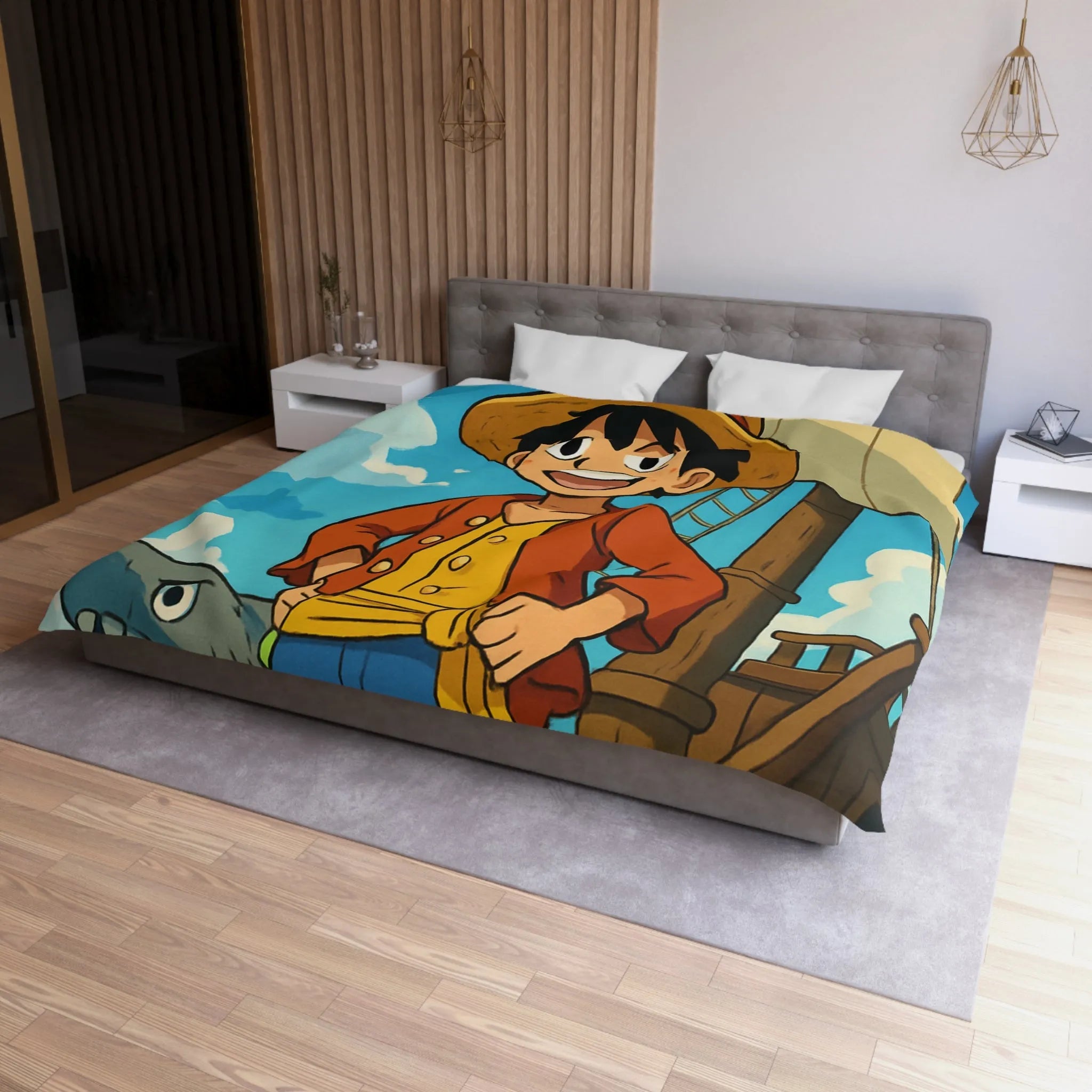 Housse de Couette Anime Pirate Enfant Aventure Bateau Mer Ciel Bleu Nuages