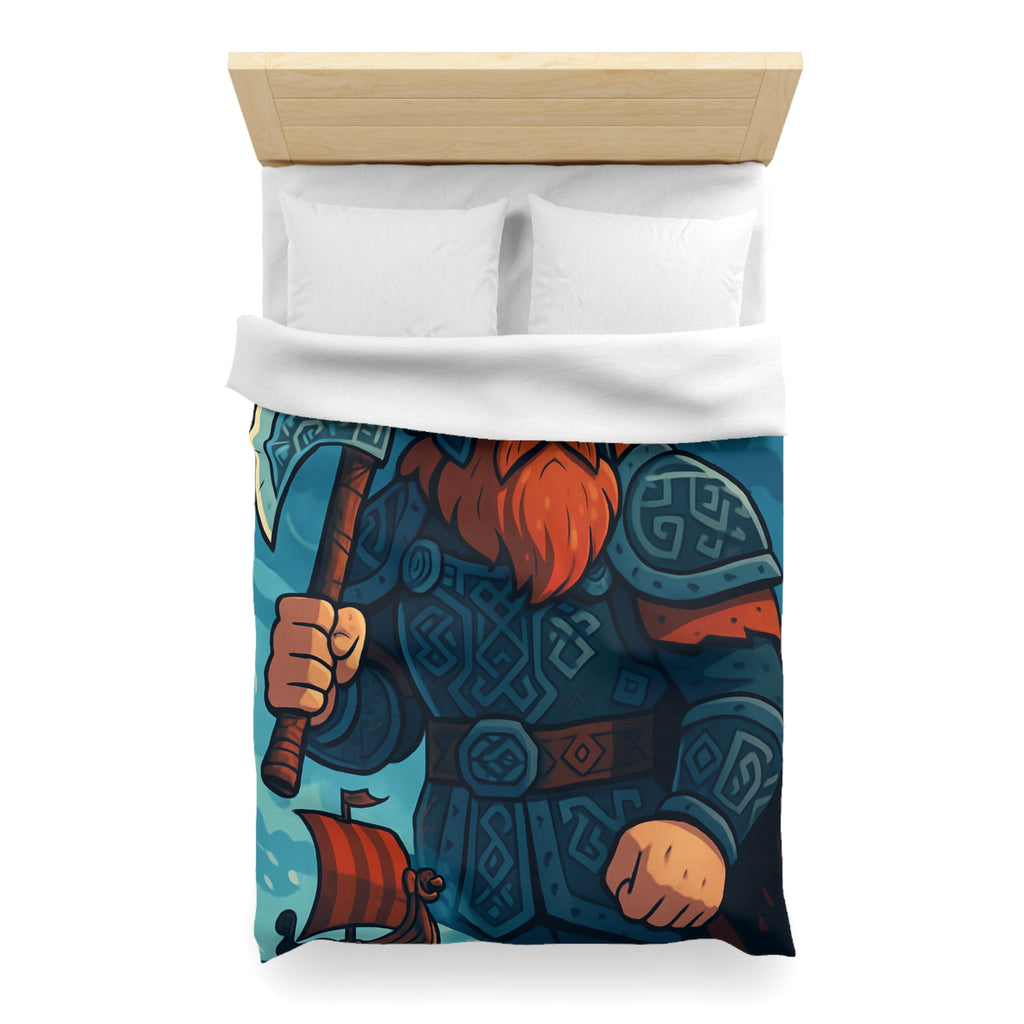 Housse de Couette Viking Illustrée avec Guerrier et Drakkar sur Fond Océan Tempétueux