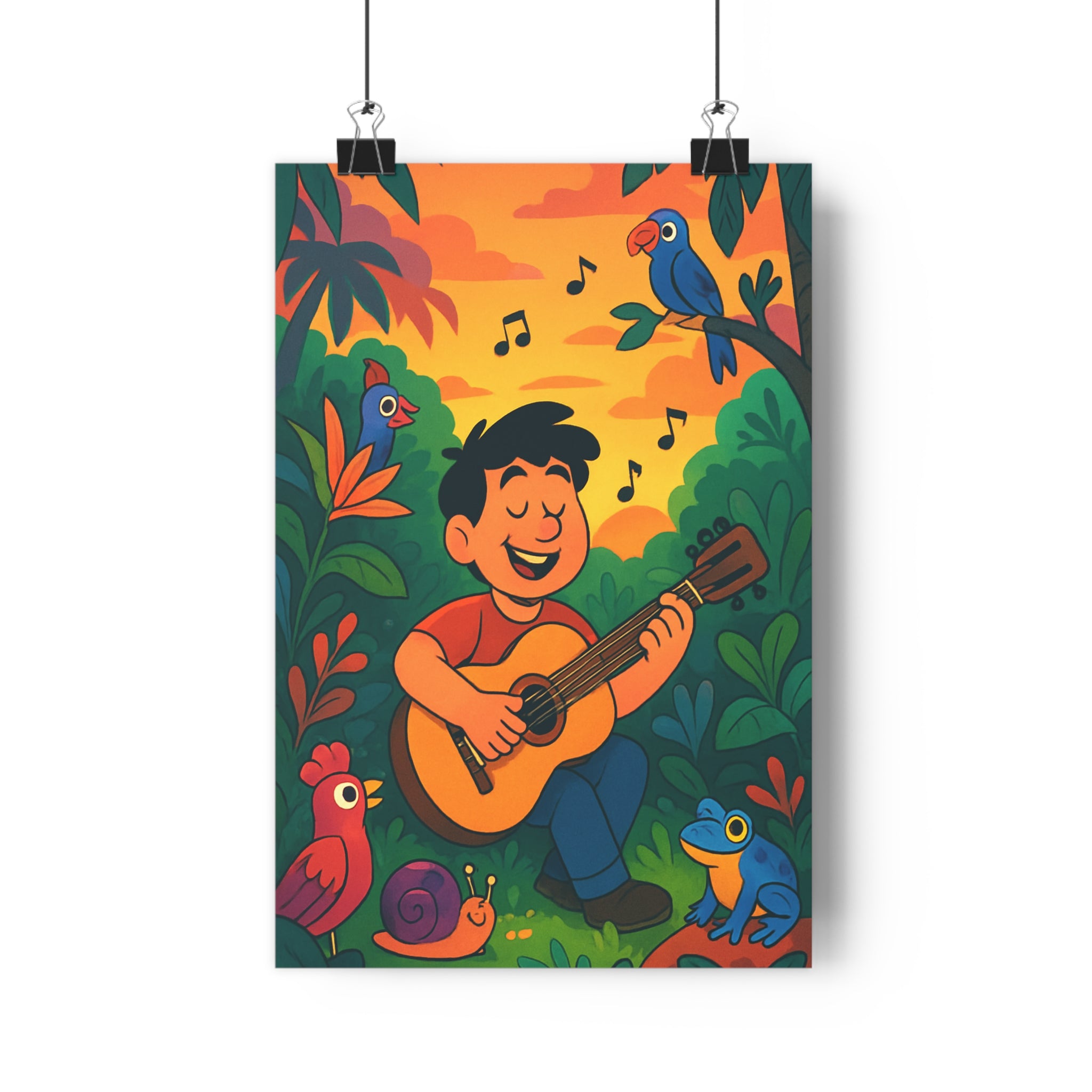 Poster décoratif joyeux moderne nature vert orange salon chambre graphique années musique guitare vibrante