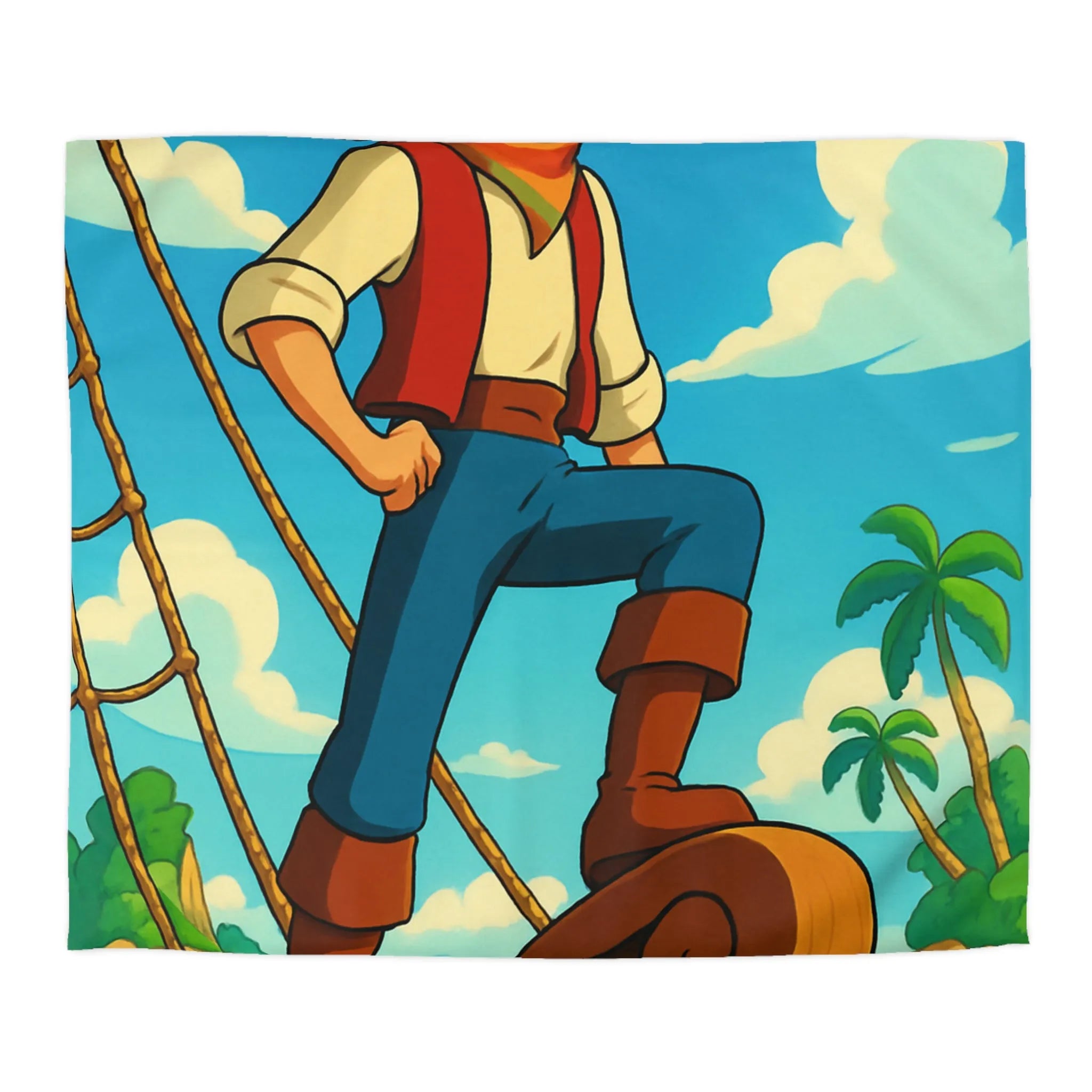 Housse de couette avec illustration de marin aventurier naviguant parmi palmiers et mer azur