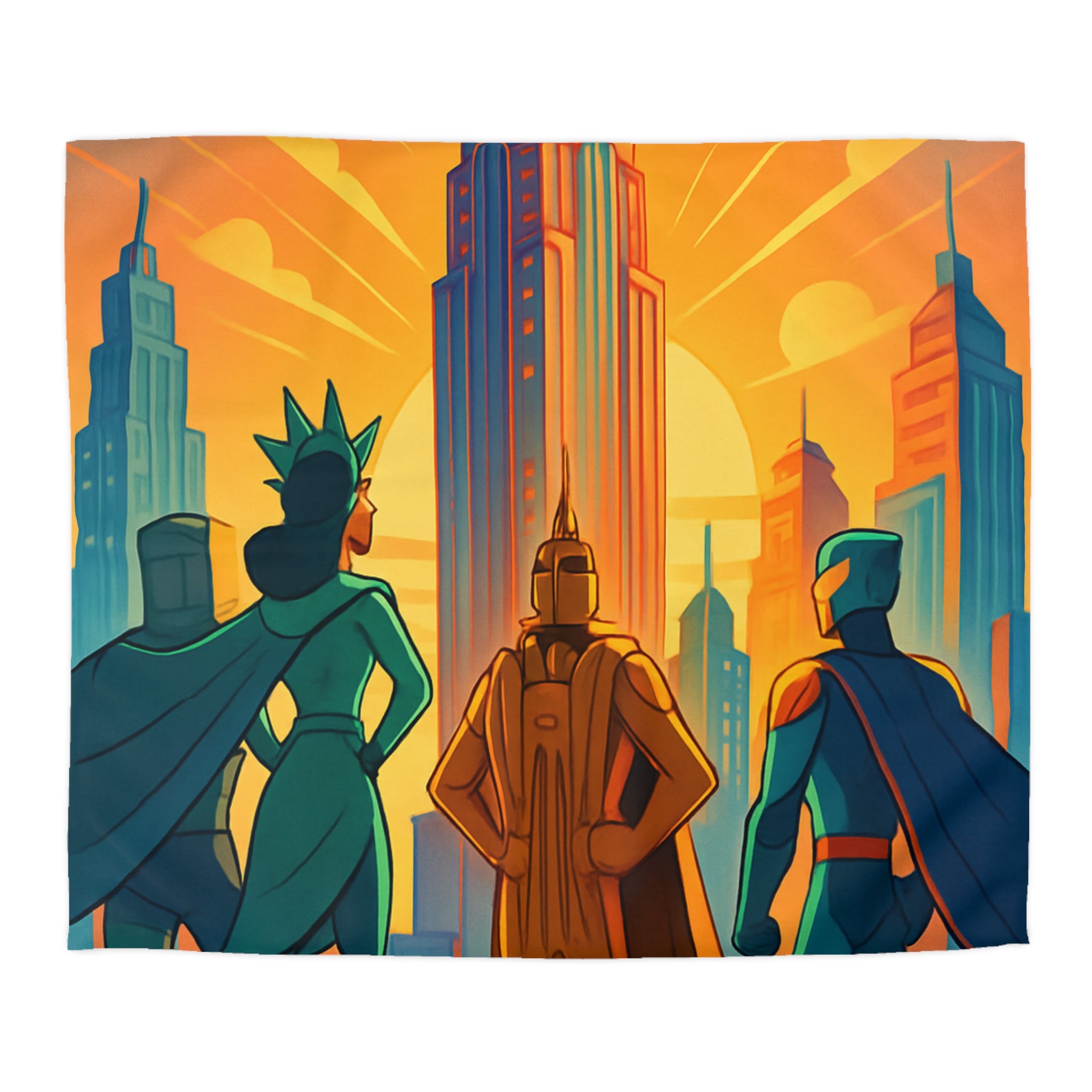 Super-héros courageux contemplant une ville moderne au lever du soleil urbain majestueux