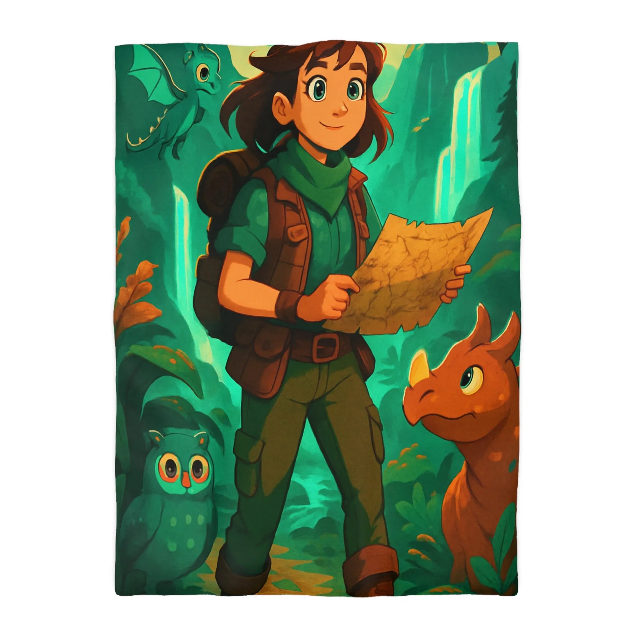 Aventure Enchantée: Enfant Voyageur, Animaux Magiques, Carte Mystérieuse, Forêt Lumineuse, Cascade Sereine