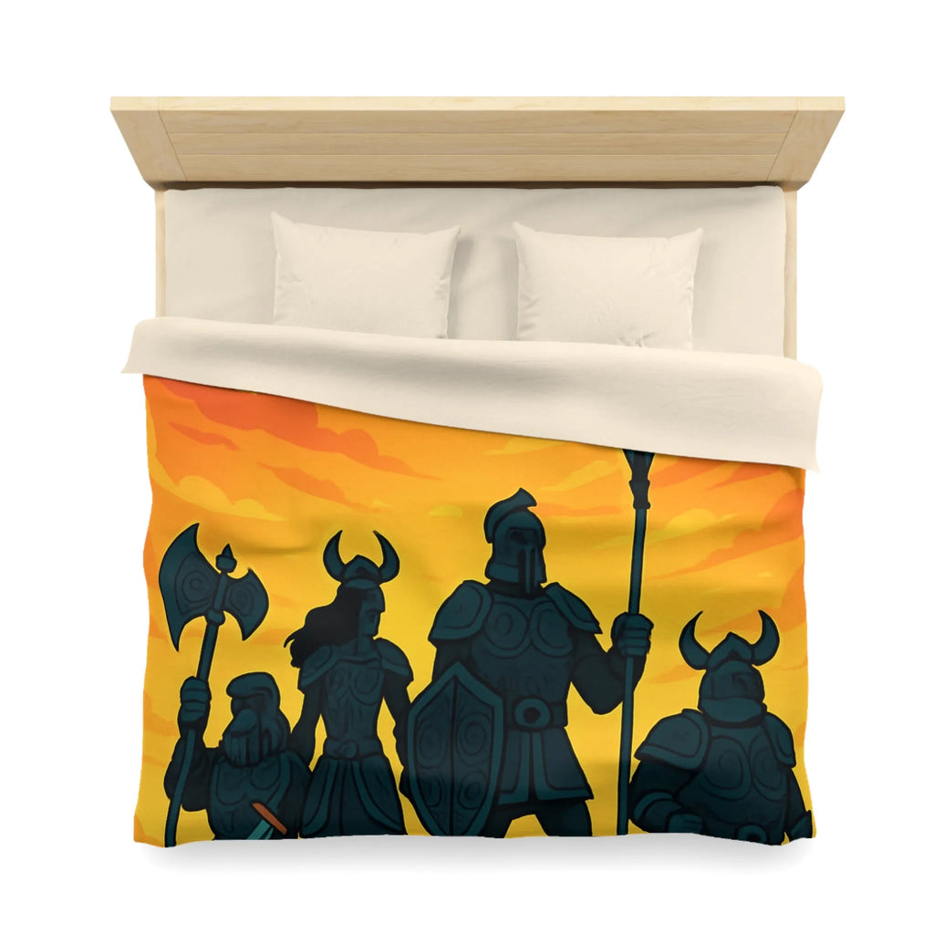 Housse de couette épique avec guerriers sous ciel flamboyant pour décoration médiévale