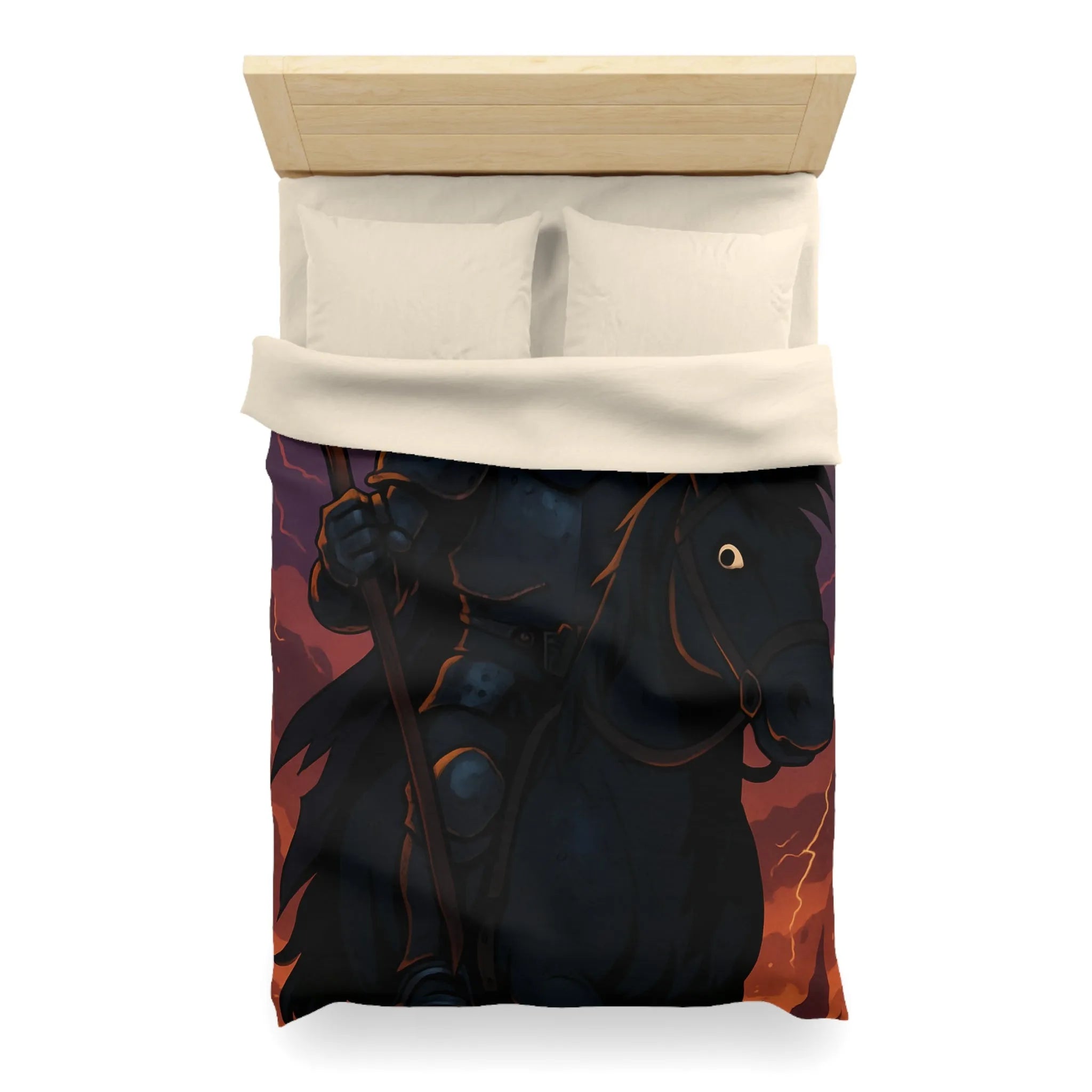 Housse de couette à motif intrigant avec faucheuse menaçante et cheval sombre en action