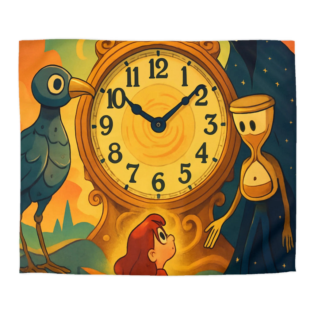 Housse de couette fantastique avec horloge magique et personnages mystérieux en illustration onirique