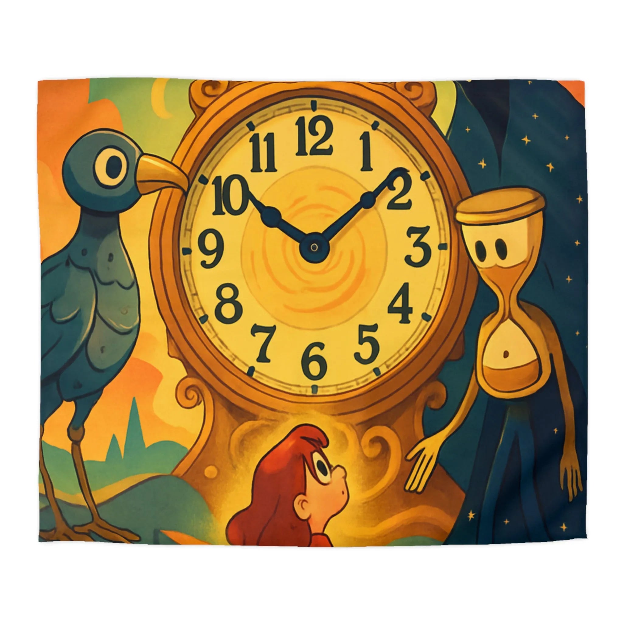 Housse de couette fantastique avec horloge magique et personnages mystérieux en illustration onirique
