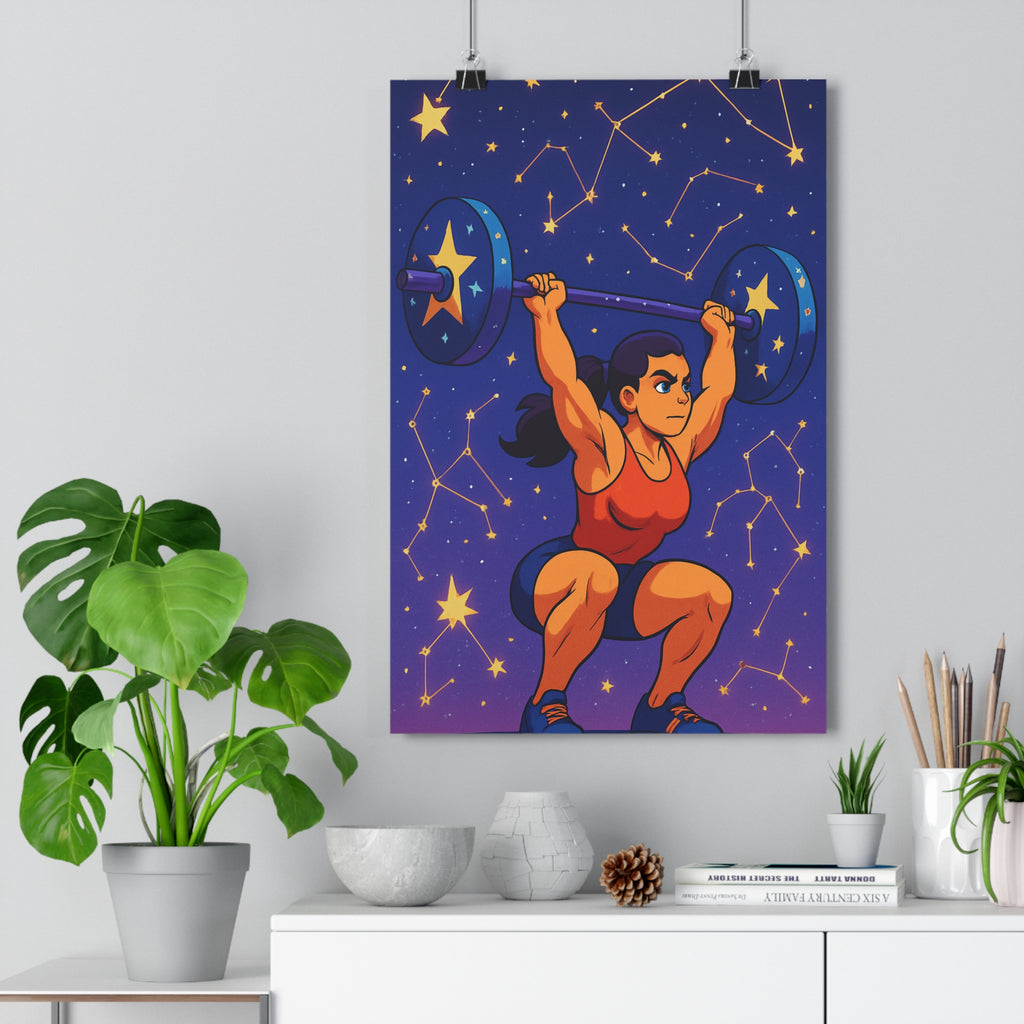 Poster décoratif cartoon bleu orange dynamique motivation sport salle ambiance cosmique étoiles constellations vibrant