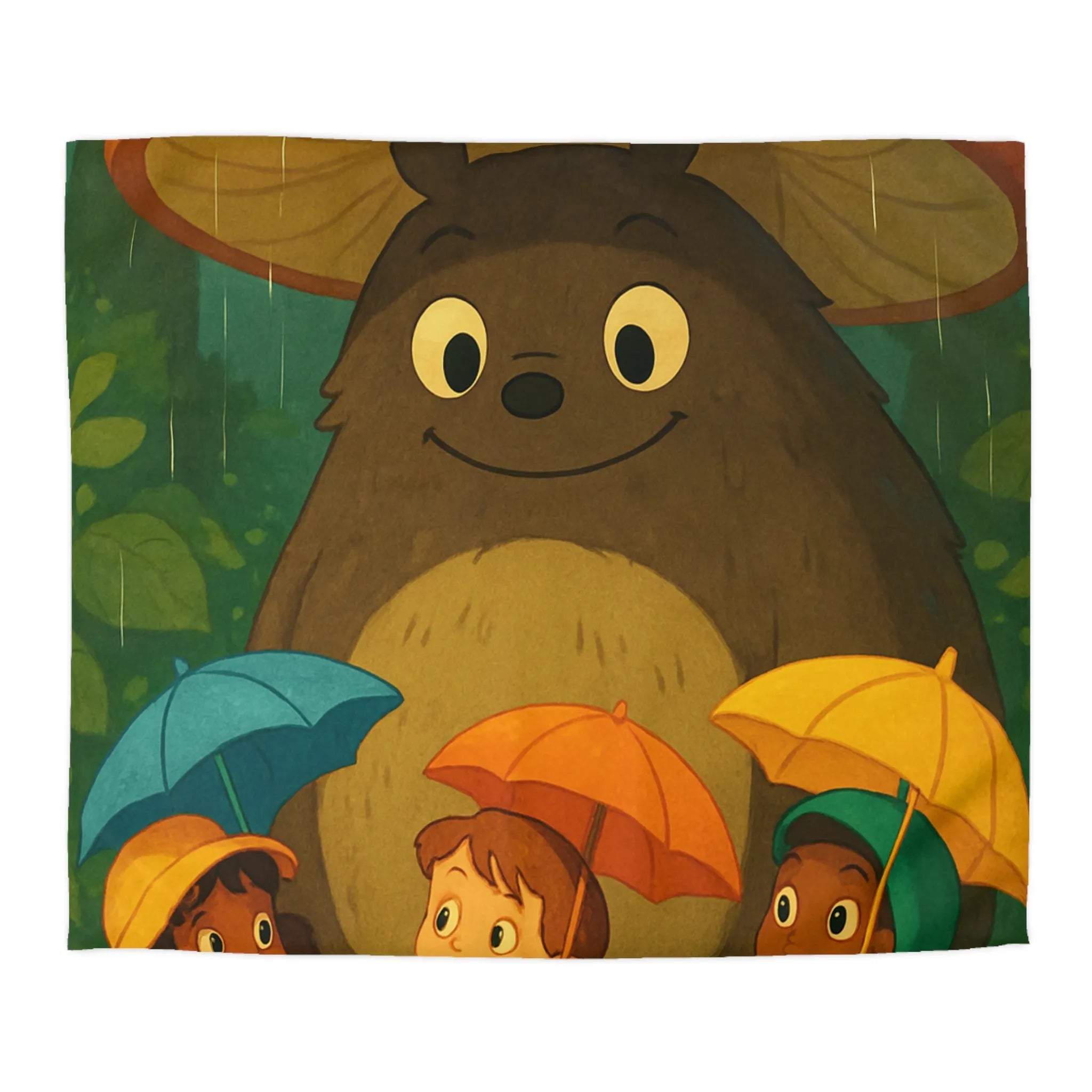 Housse de couette enfant avec ours sous champignon et enfants joyeux en forêt