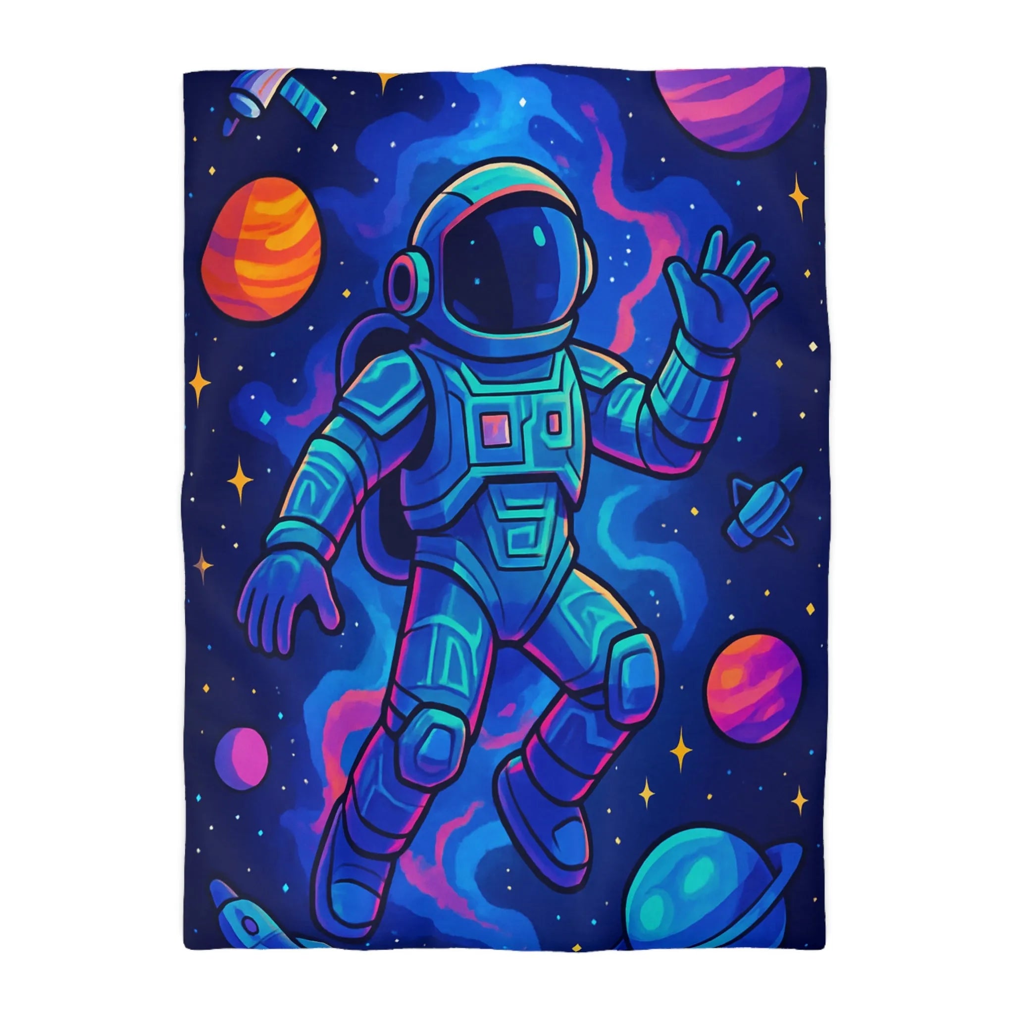 Housse de couette astronautique colorée spatiale avec planètes, étoiles et vaisseau cosmique dessins